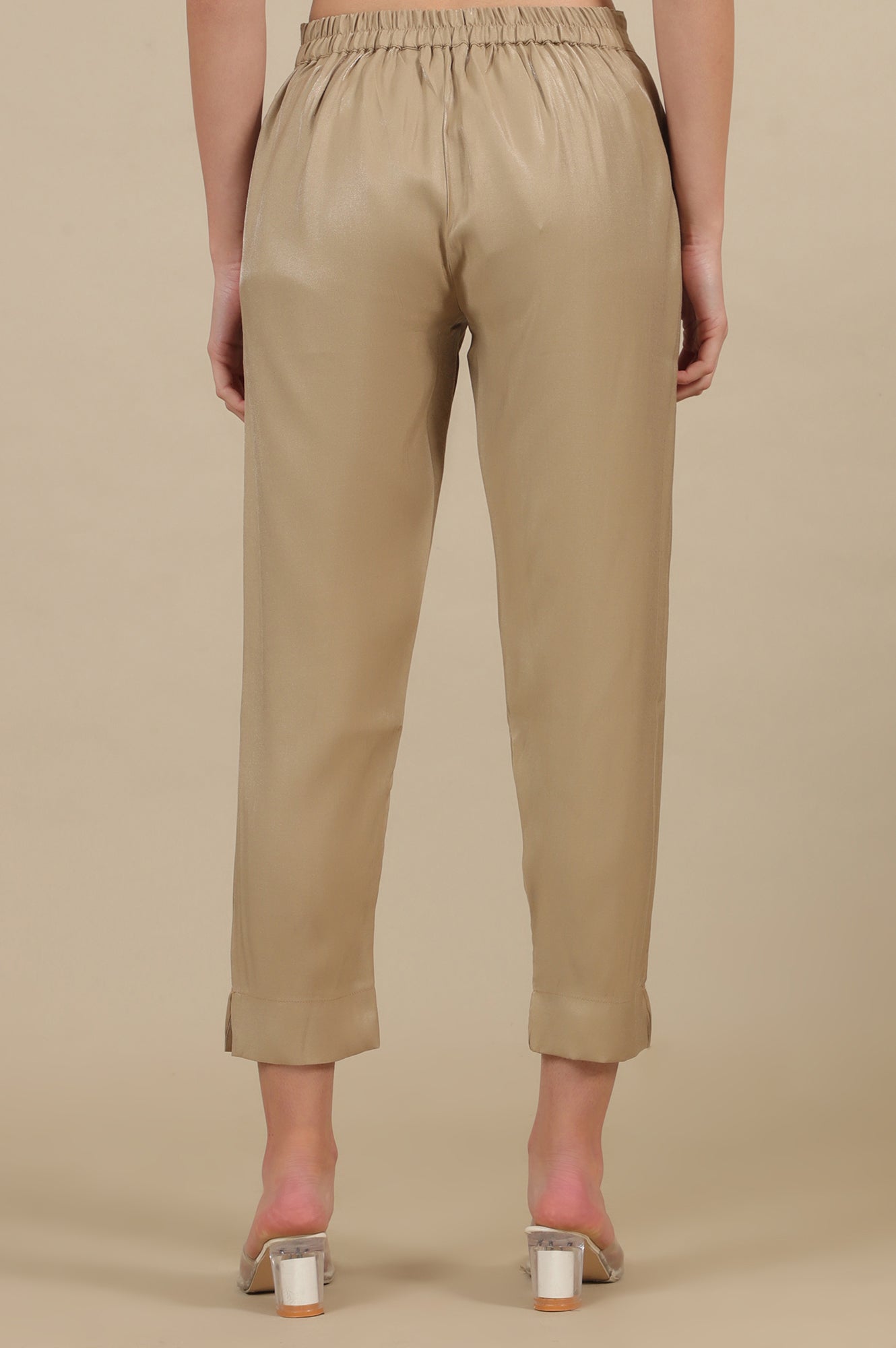 Gold Solid Straight Fit Trousers With Elasticated Waist