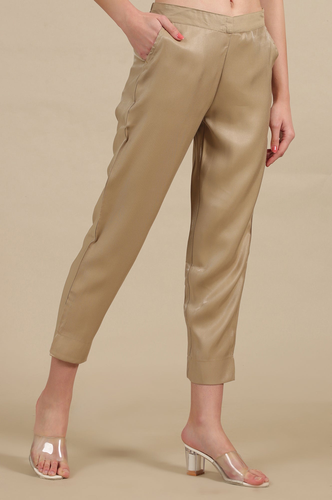Gold Solid Straight Fit Trousers With Elasticated Waist