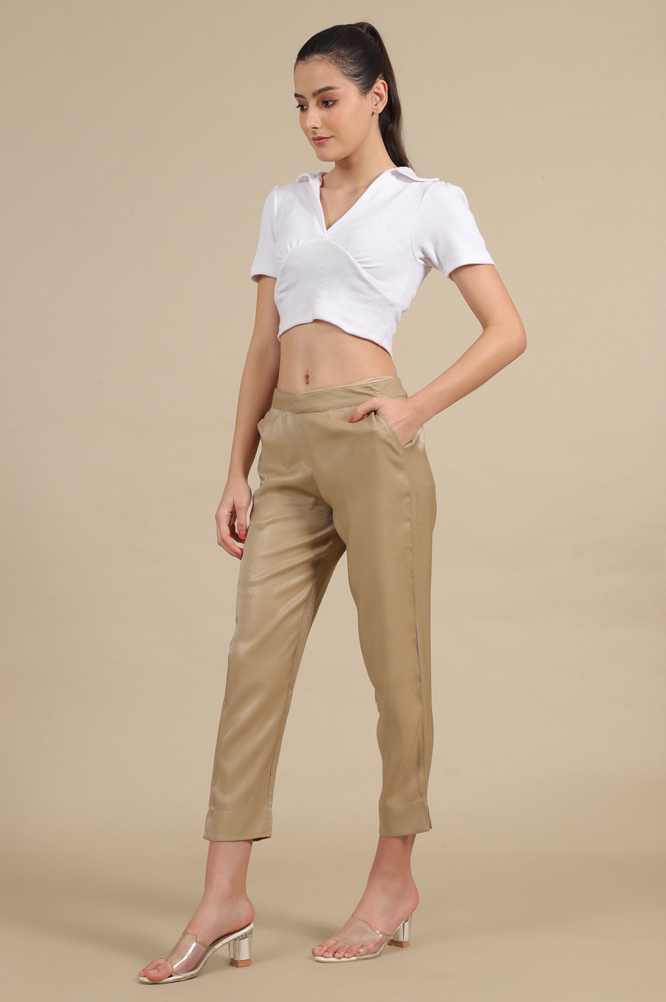 Gold Solid Straight Fit Trousers With Elasticated Waist