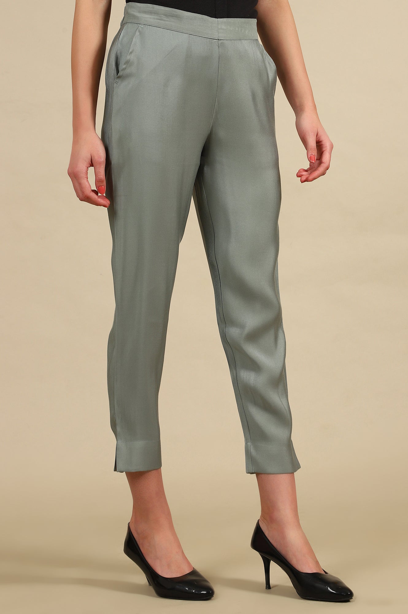 Grey Solid Straight Fit Trousers With Elasticated Waist