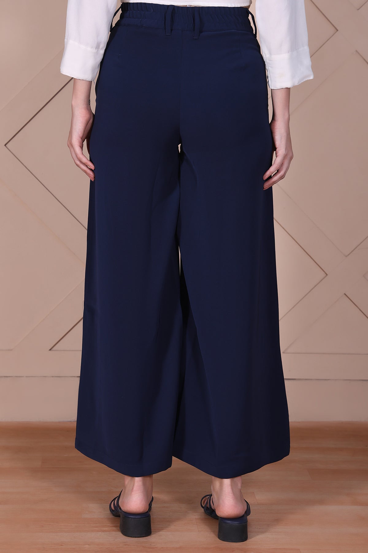 Navy Solid High Rise Ankle Length Wide Leg Boss Pants