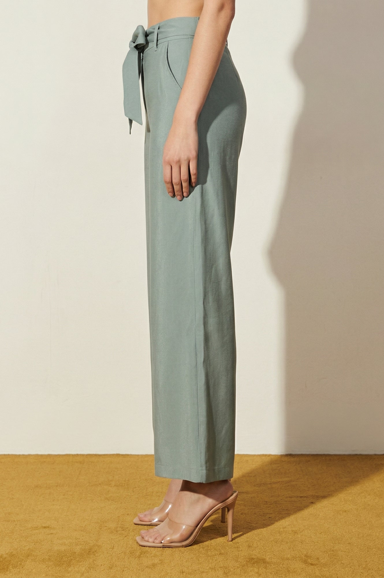 Slate Grey Yarn Dyed Solid Rayon Wide Leg High Rise Trousers