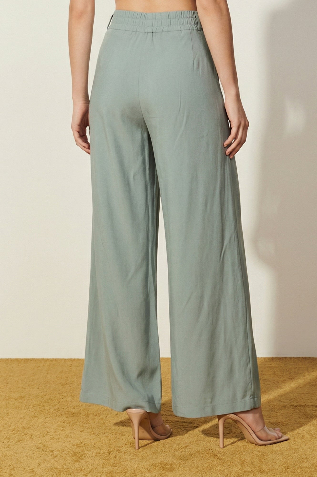 Slate Grey Yarn Dyed Solid Rayon Wide Leg High Rise Trousers