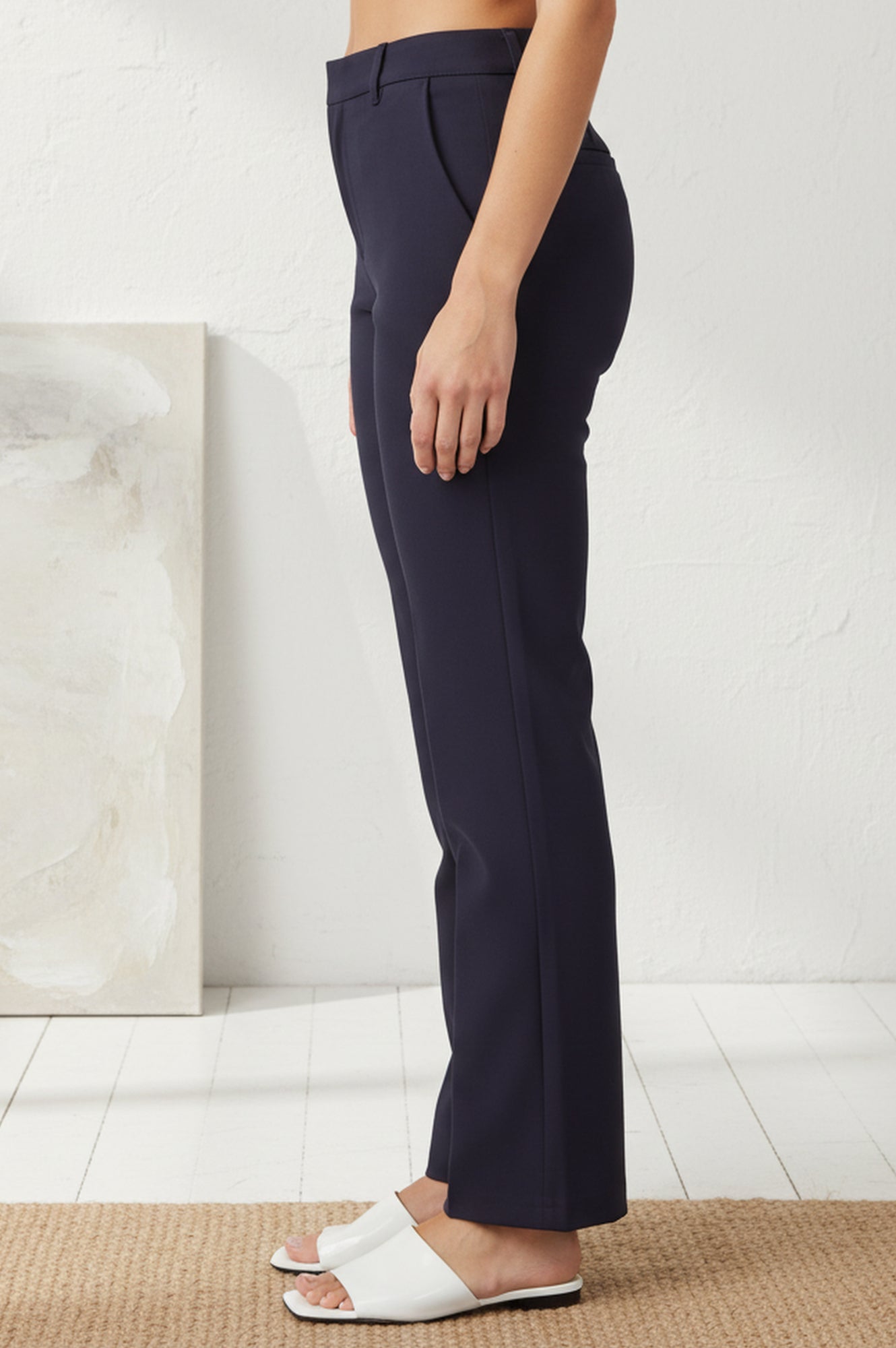 Navy Blue Solid Buttons Rayon Slim Fit Flared Boss Pants