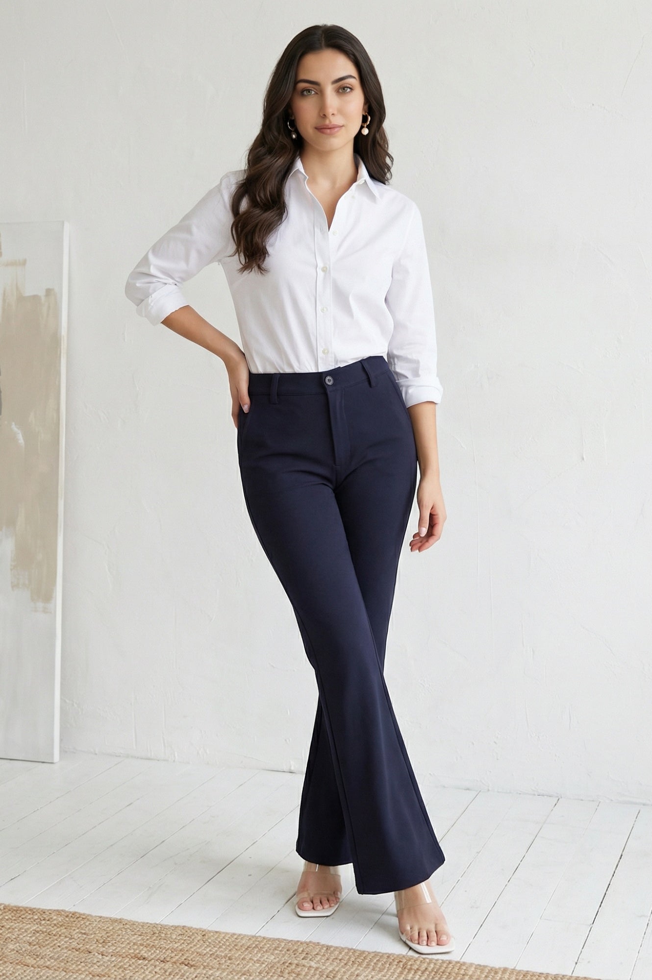 Navy Blue Solid Buttons Rayon Slim Fit Flared Boss Pants
