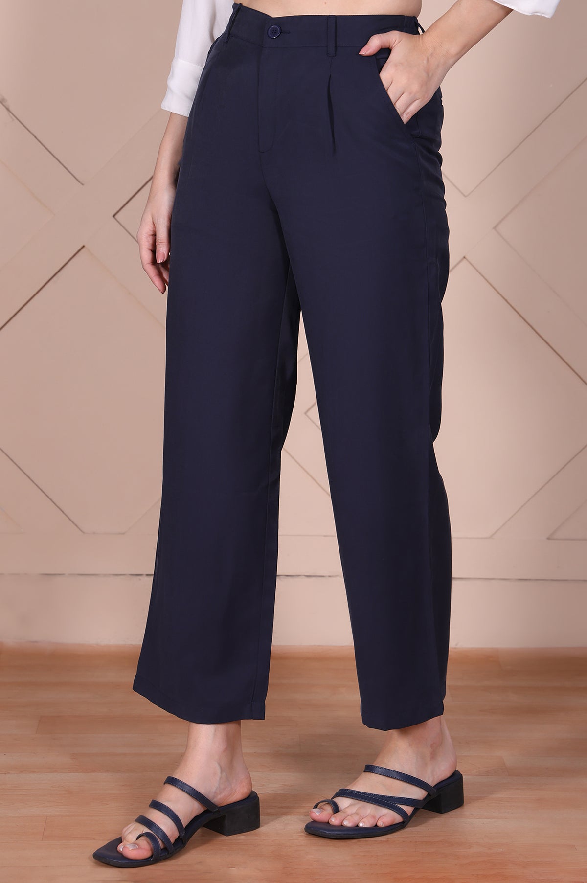 Navy Solid High Rise Ankle Length Wide Leg Boss Pants