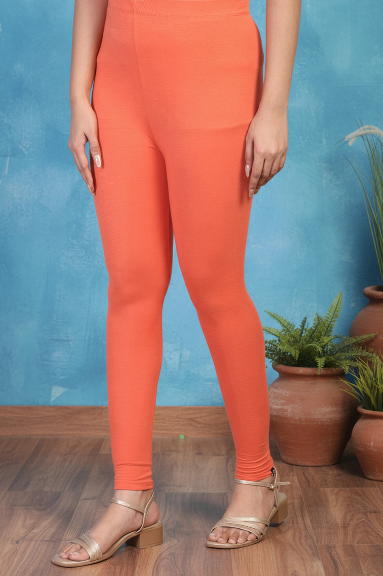 Orange Solid Ankle Length Cotton Tight
