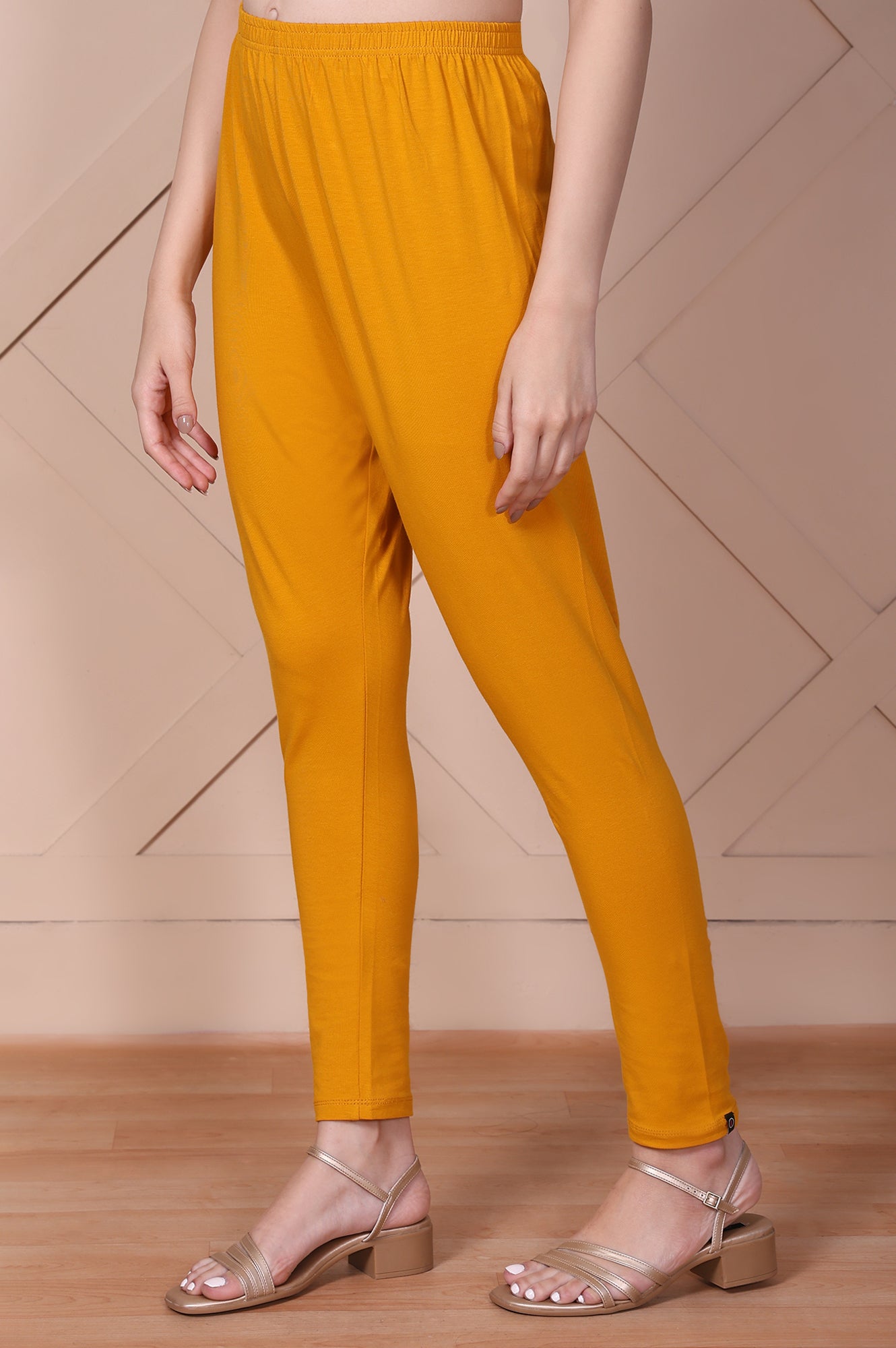 Mustard Solid High-Waisted Cotton Tights