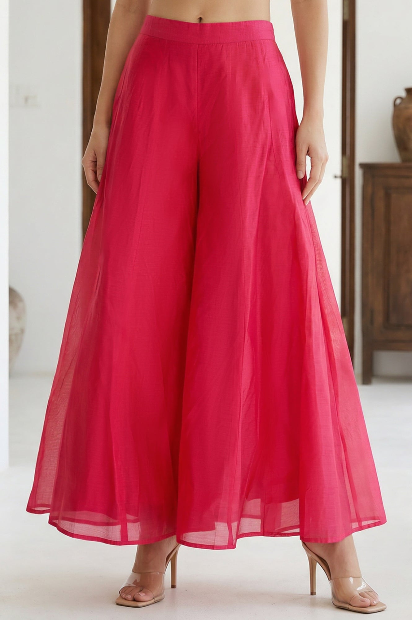 Fuchsia Solid Chanderi Wide Leg Flared Ankle Length Culottes