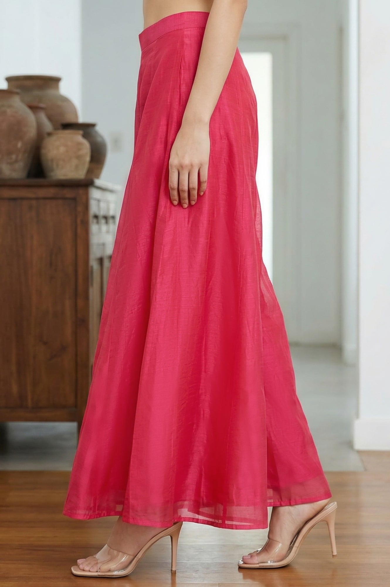 Fuchsia Solid Chanderi Wide Leg Flared Ankle Length Culottes