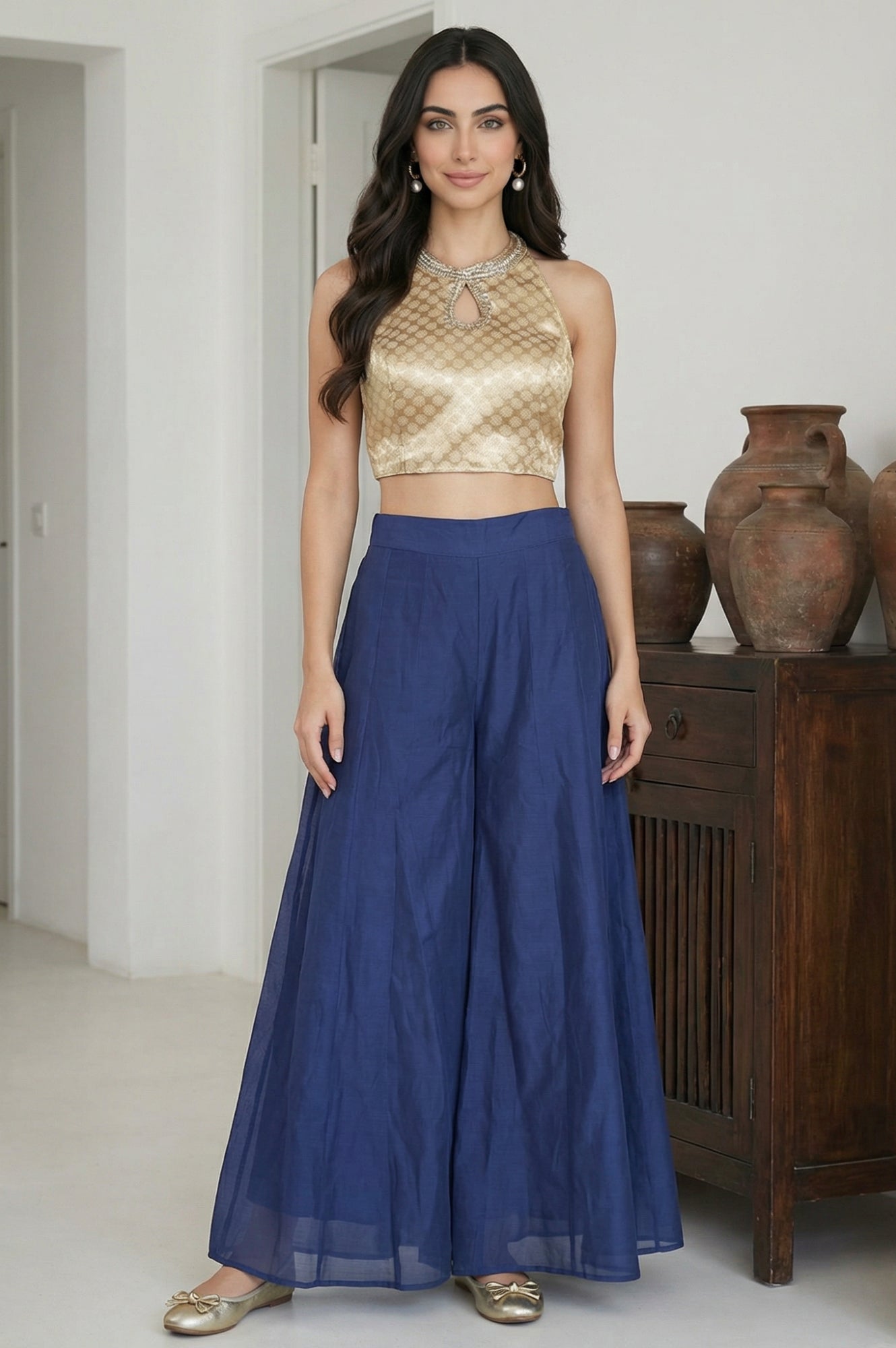 Navy Blue Solid Chanderi Flared Ankle Length Cullotes