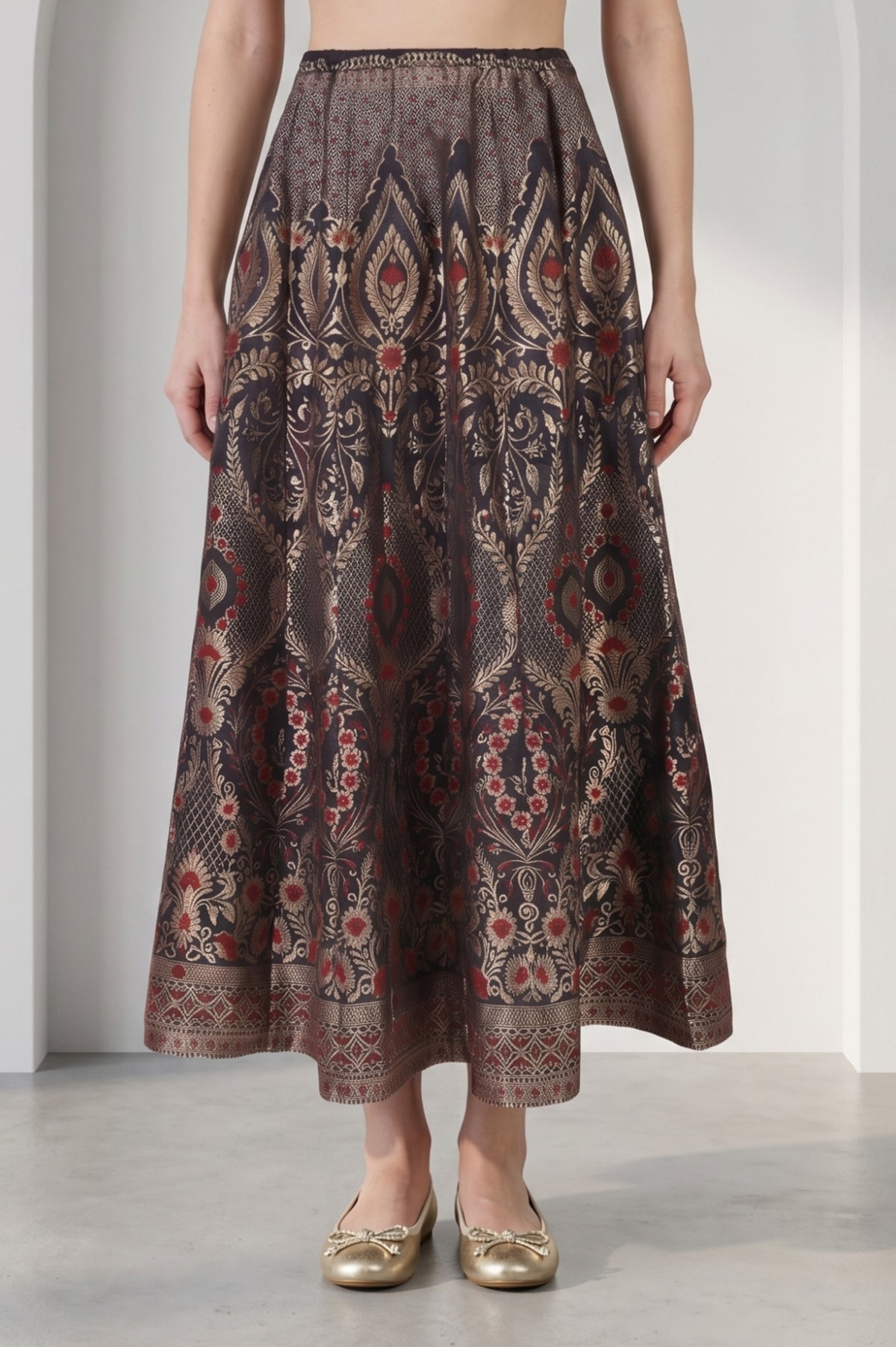 Black Jacquard Zari Flared Skirt