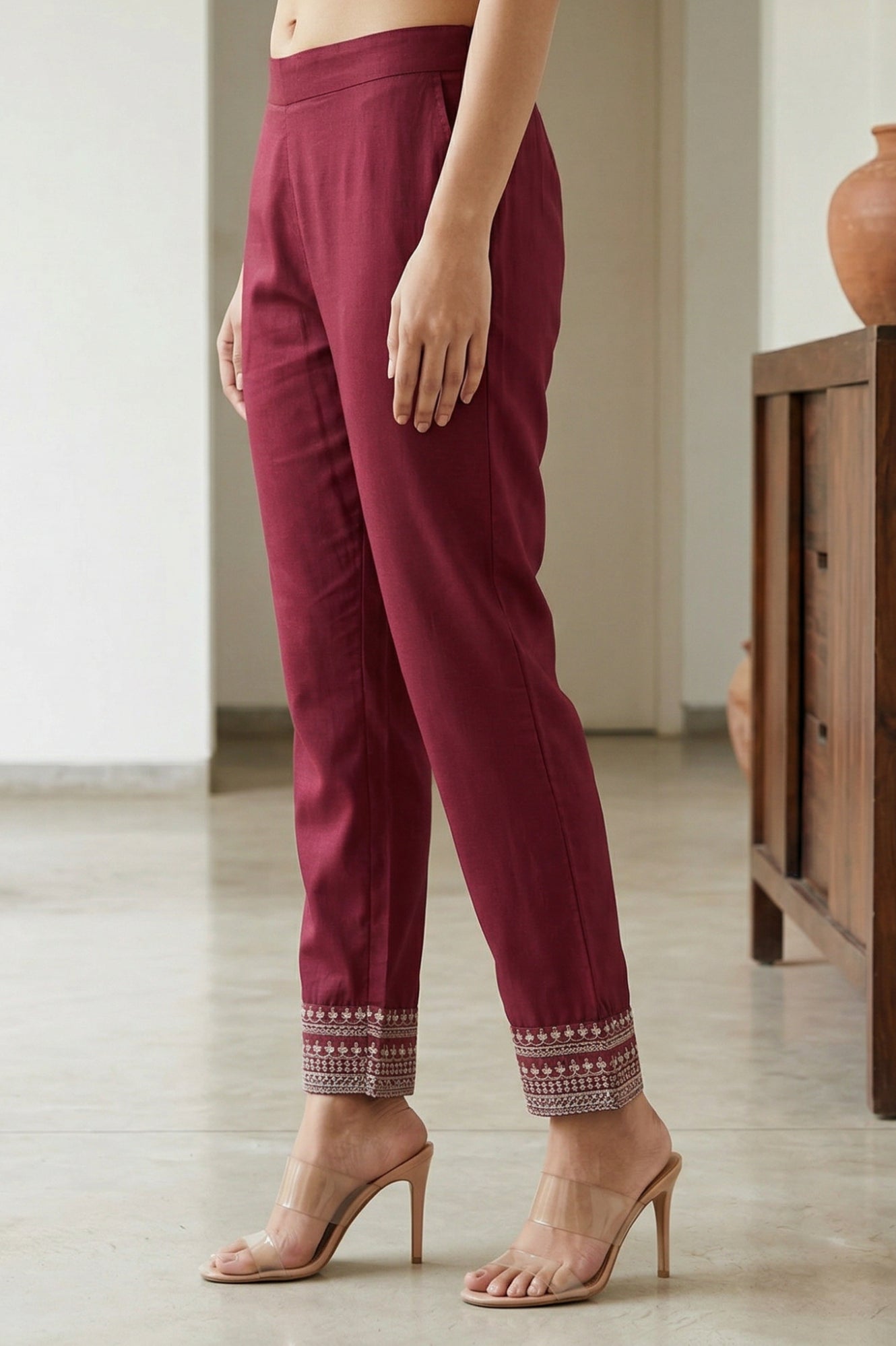 Burgundy Ethnic Motifs Foil Printed Ankle Length Tapered Trousers