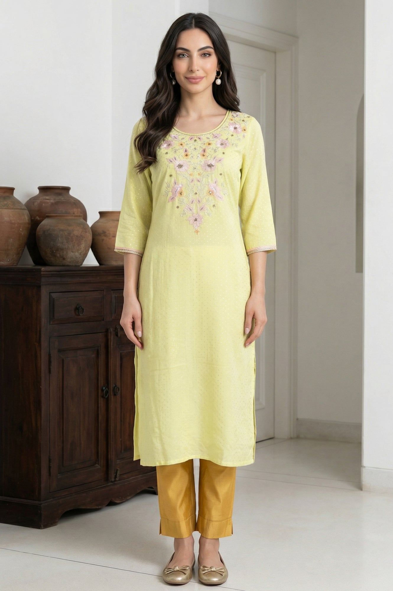 Mustard Solid Chanderi Straight Fit Ankle Length Trousers