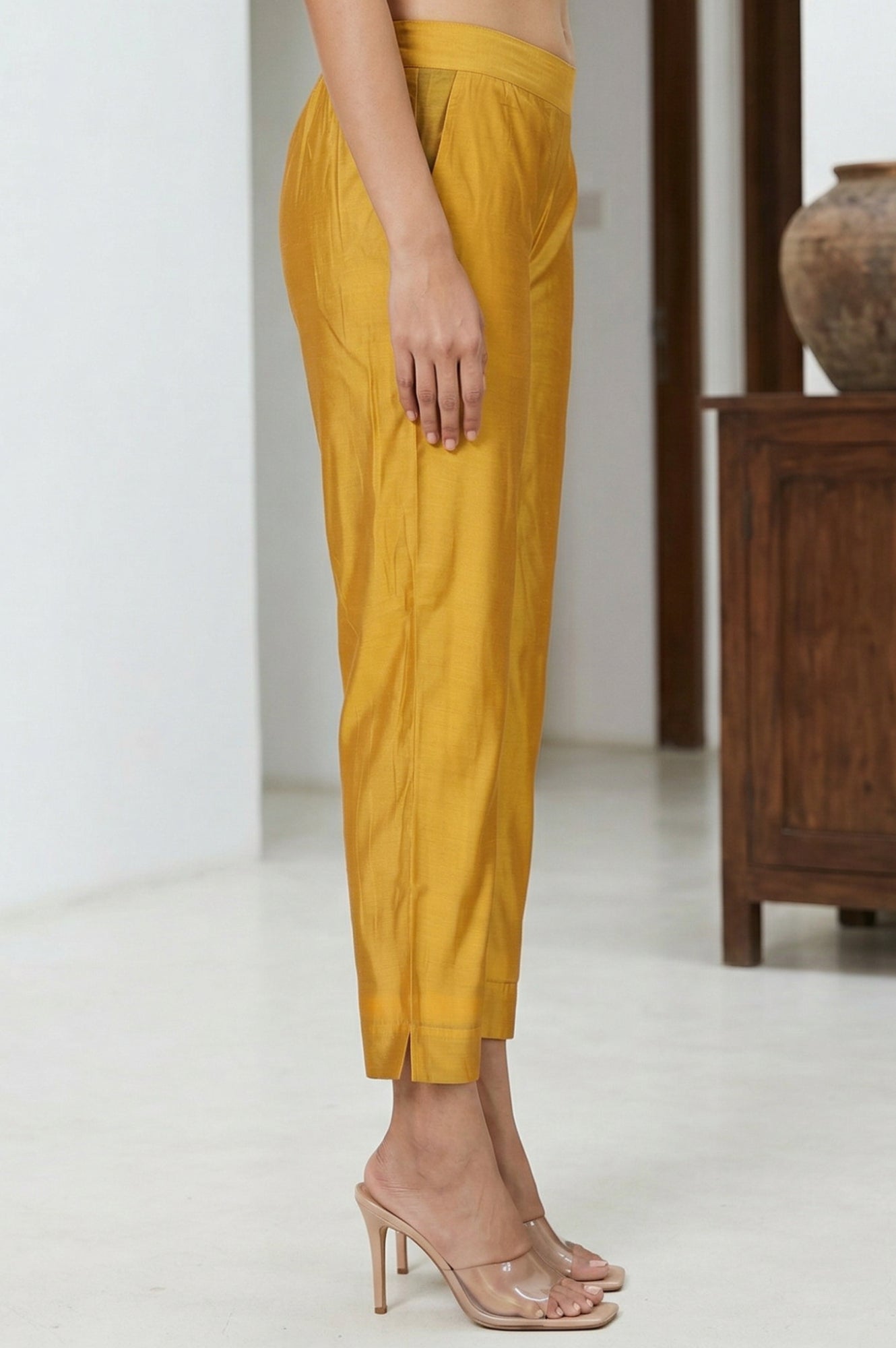 Mustard Solid Chanderi Straight Fit Ankle Length Trousers