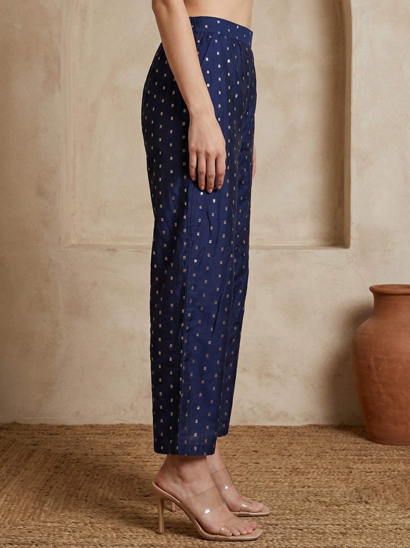 Navy Blue Chanderi Wide Leg Ankle Length Palazzo Pants
