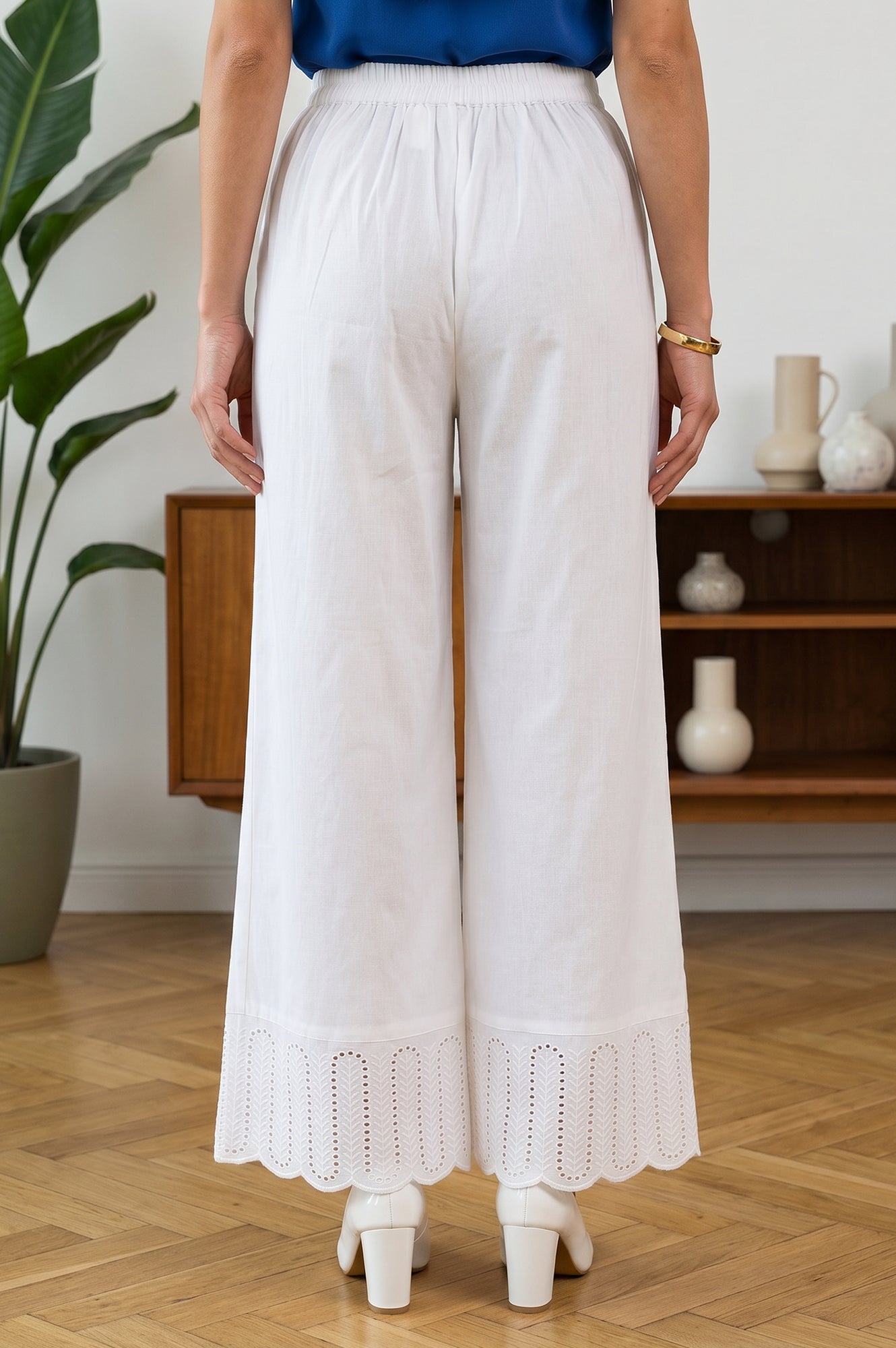 White Solid Schiffily Ankle Length Palazzo