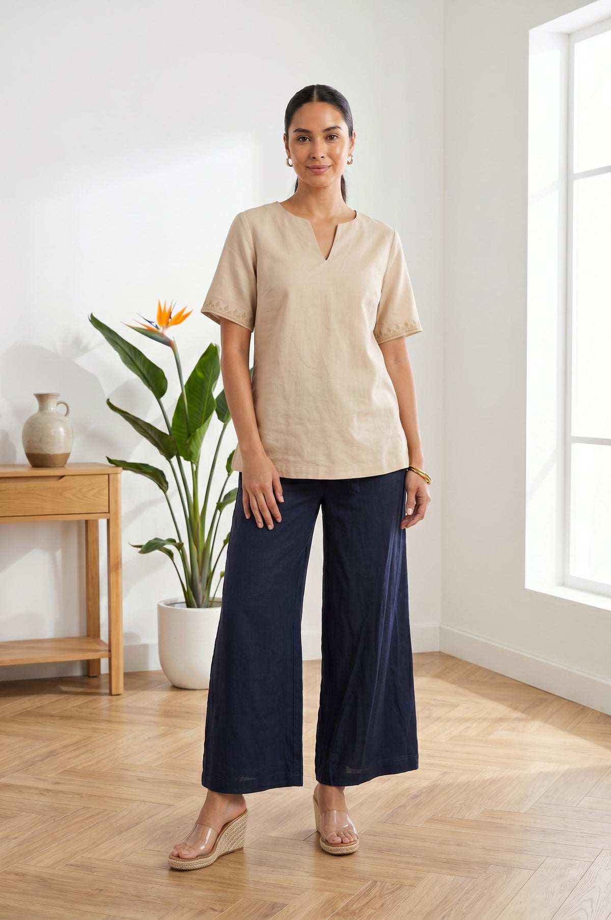 Navy Blue Pure Cotton High Rise Ankle Length Palazzo