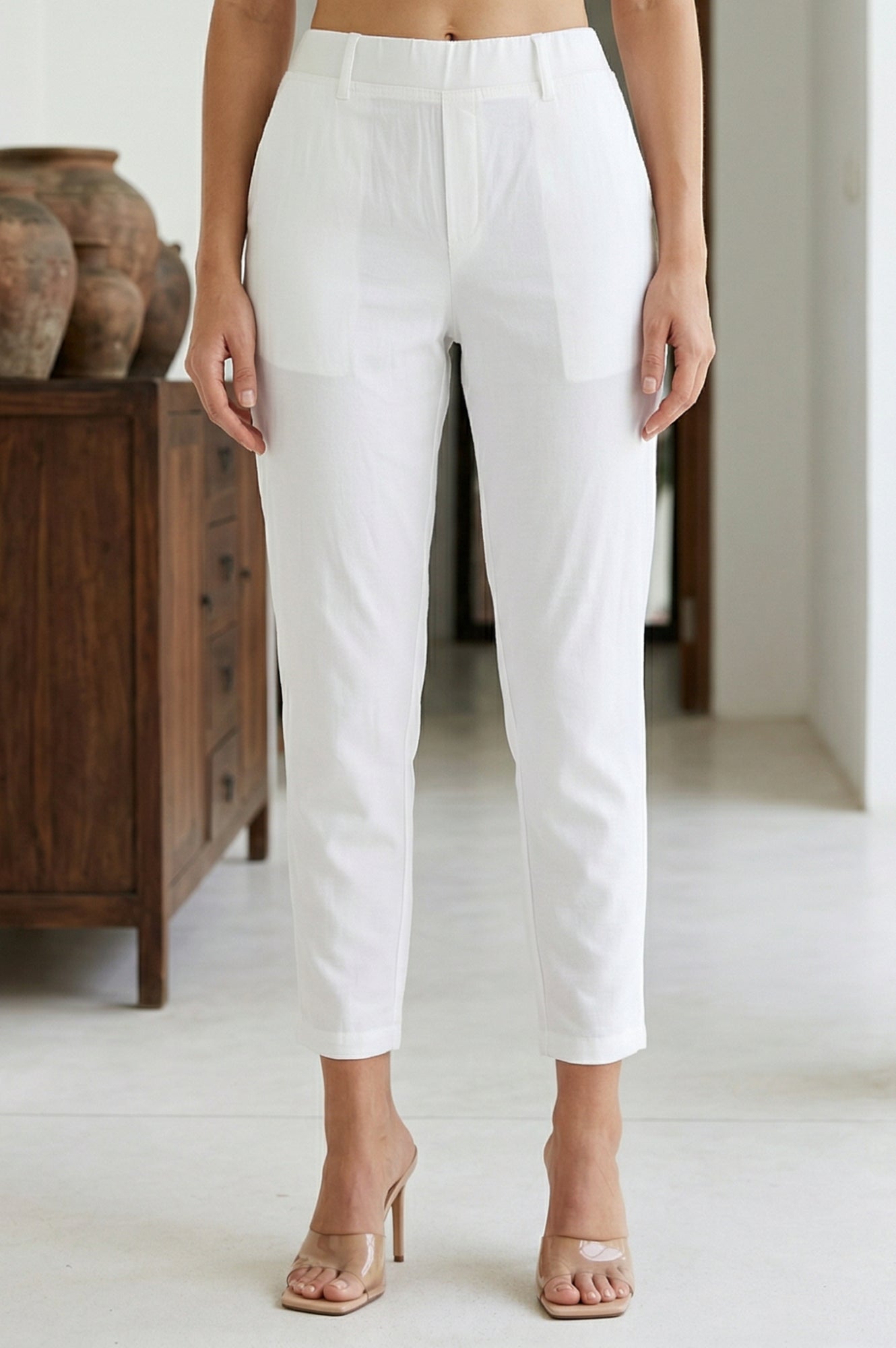 White Solid Cotton Blend Tapered Fit Ankle Length Trousers