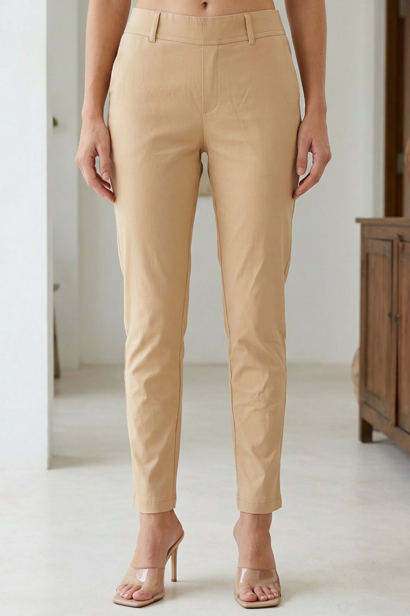 Light Gold Solid Cotton Blend Tapered Fit Ankle Length Trousers