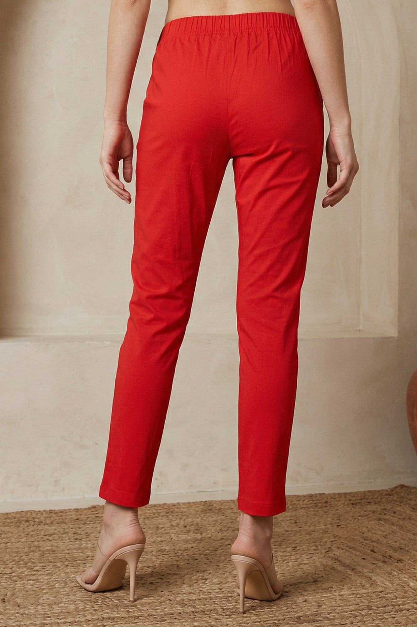 Red Solid Cotton Blend Slim Fit Ankle Length Trousers
