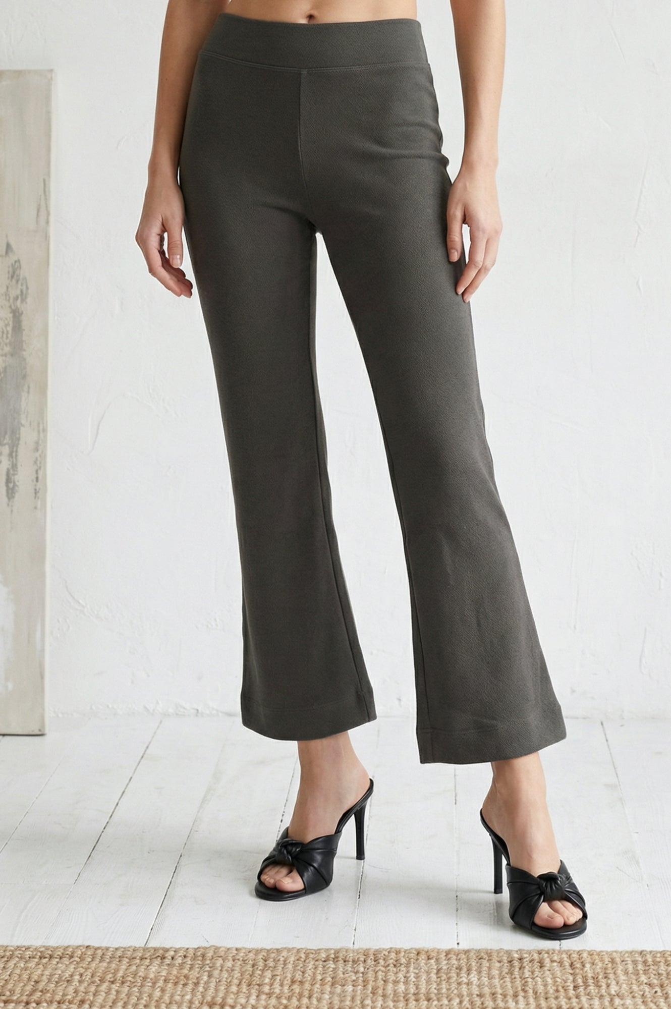 Olive Solid Cotton Blend Slim Fit Flared Pants