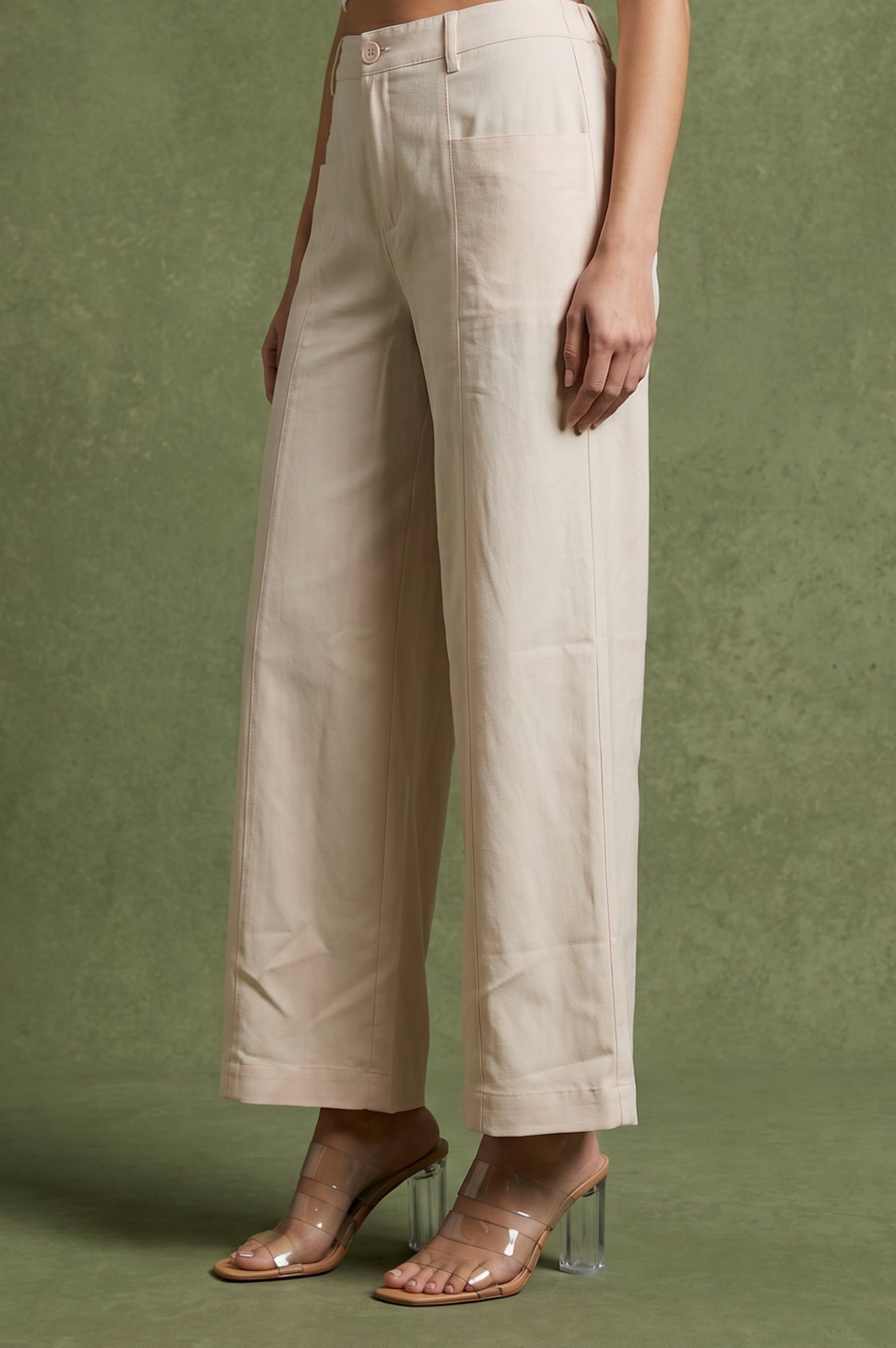 Cream High Rise Wide-Leg Ankle Length Pants