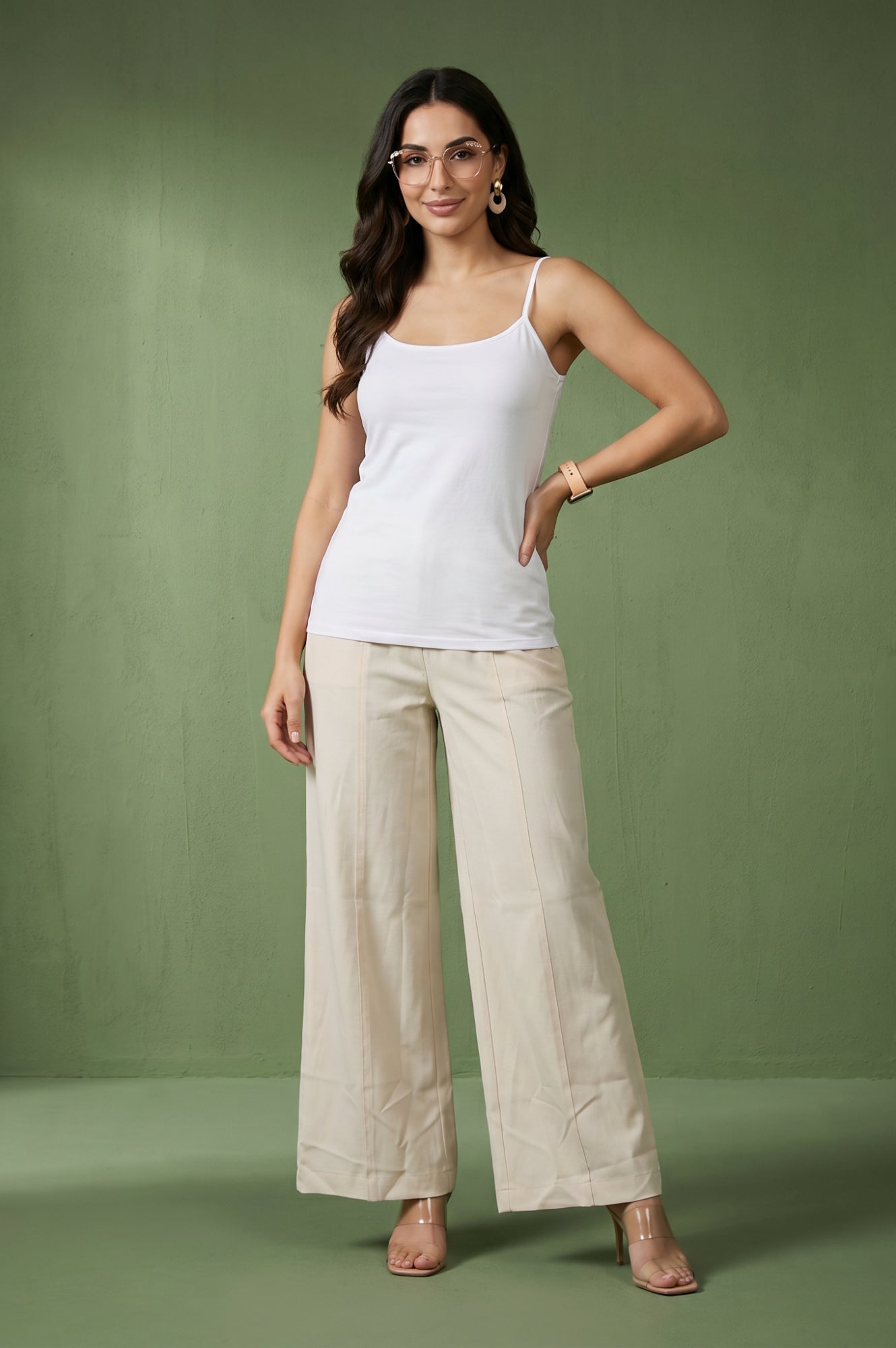 Cream High Rise Wide-Leg Ankle Length Pants