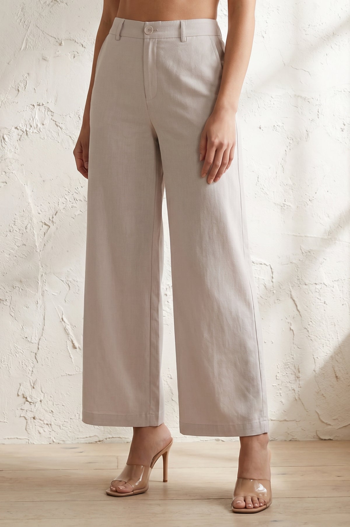 Beige Solid Ankle Length High Rise Boss pant