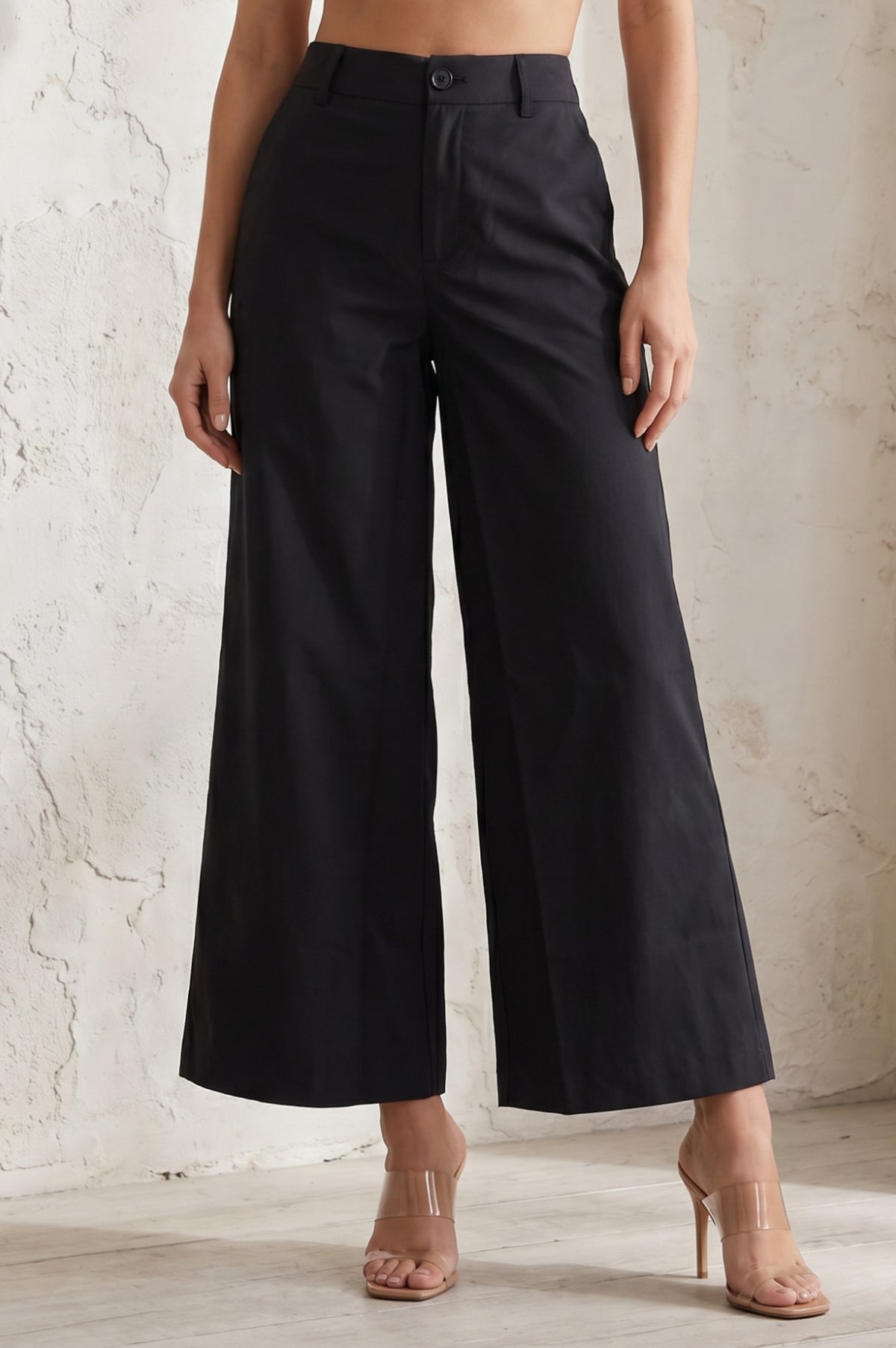Black Solid Wide Leg Ankle Length Boss pant