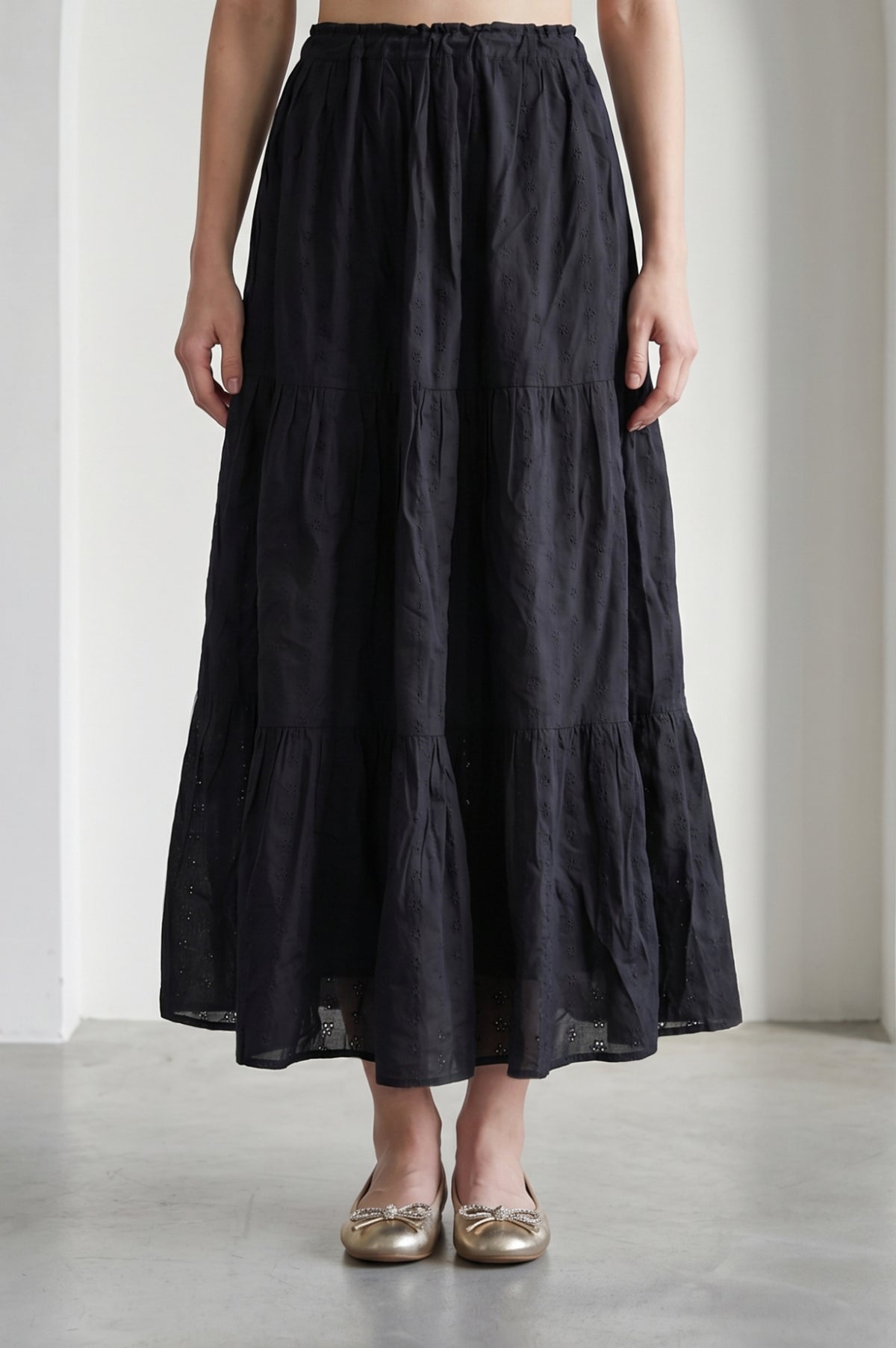 Black Schiffli Pure Cotton Flared Skirt