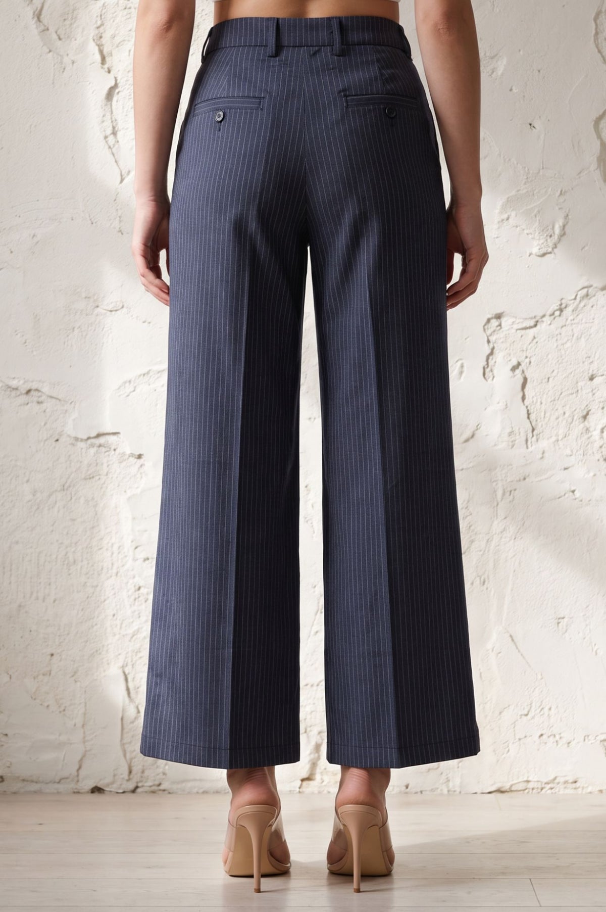 Navy Blue Striped Pinstripe Buttons Wide Leg Floor Length High Rise Pants