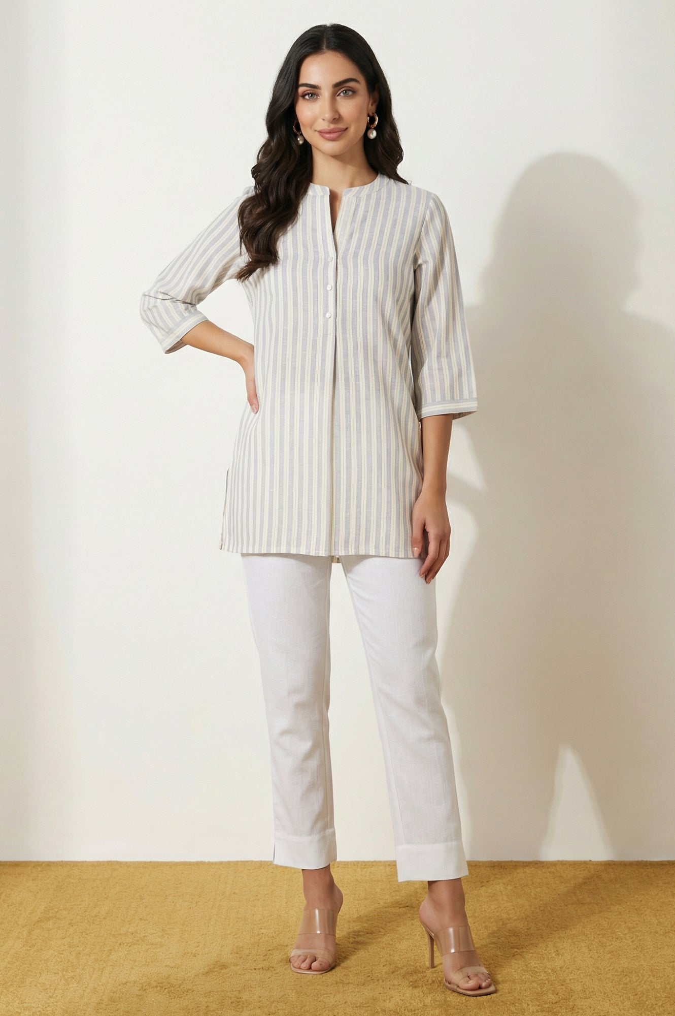 White Solid Cotton Flax Straight Fit Ankle Length Trousers