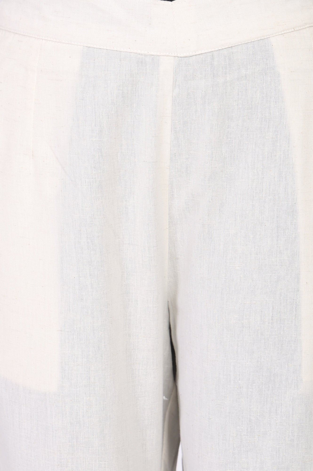 Off White Solid Cotton Flax Straight Fit Ankle Length Trousers