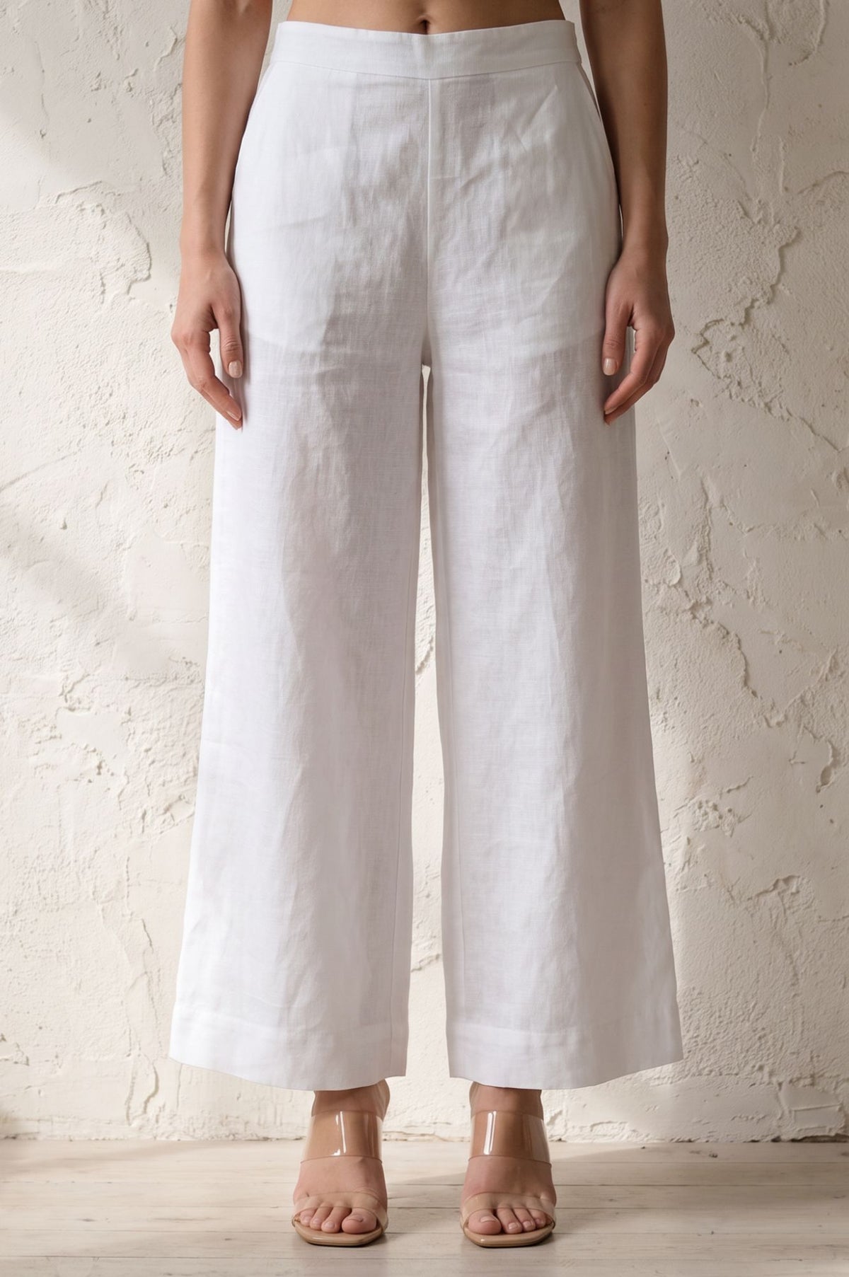 White Solid Cotton Flax Wide Leg Ankle Length High Rise Palazzo