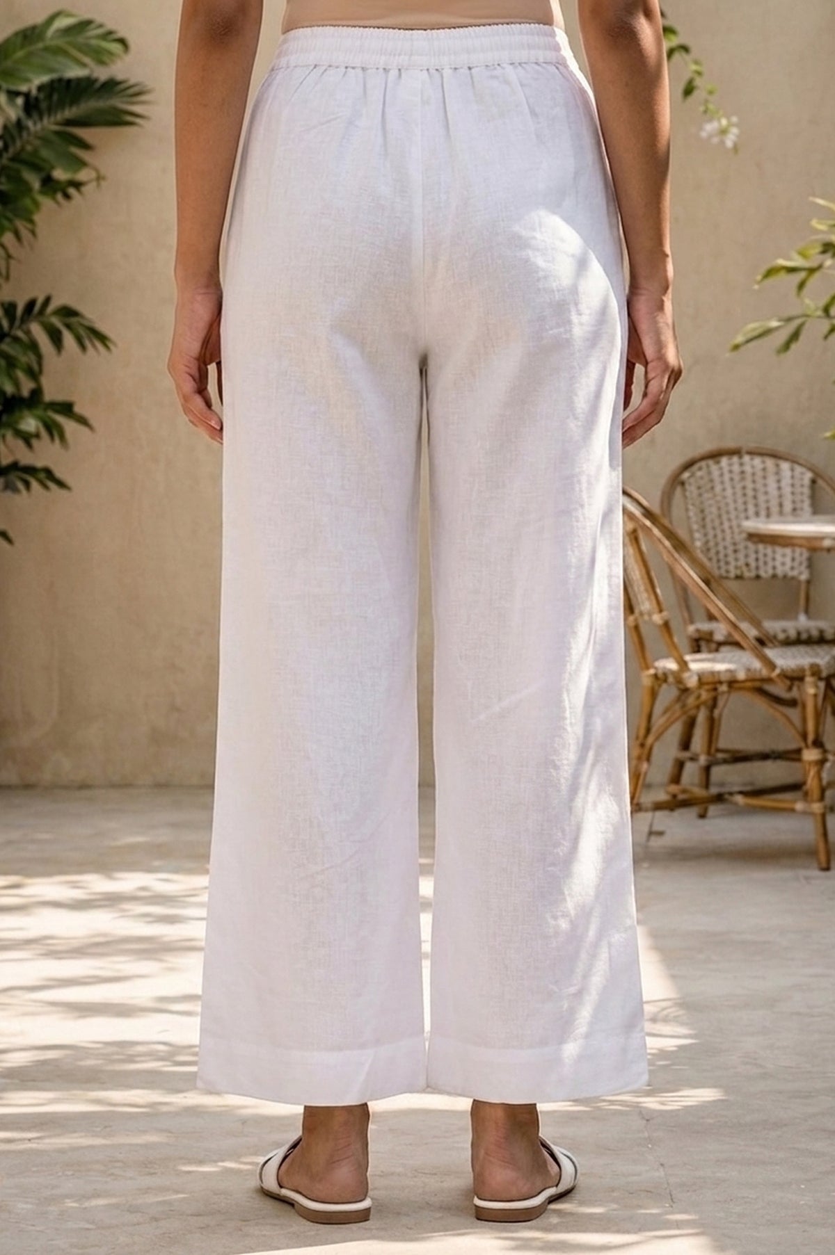 White Solid Cotton Flax Palazzo