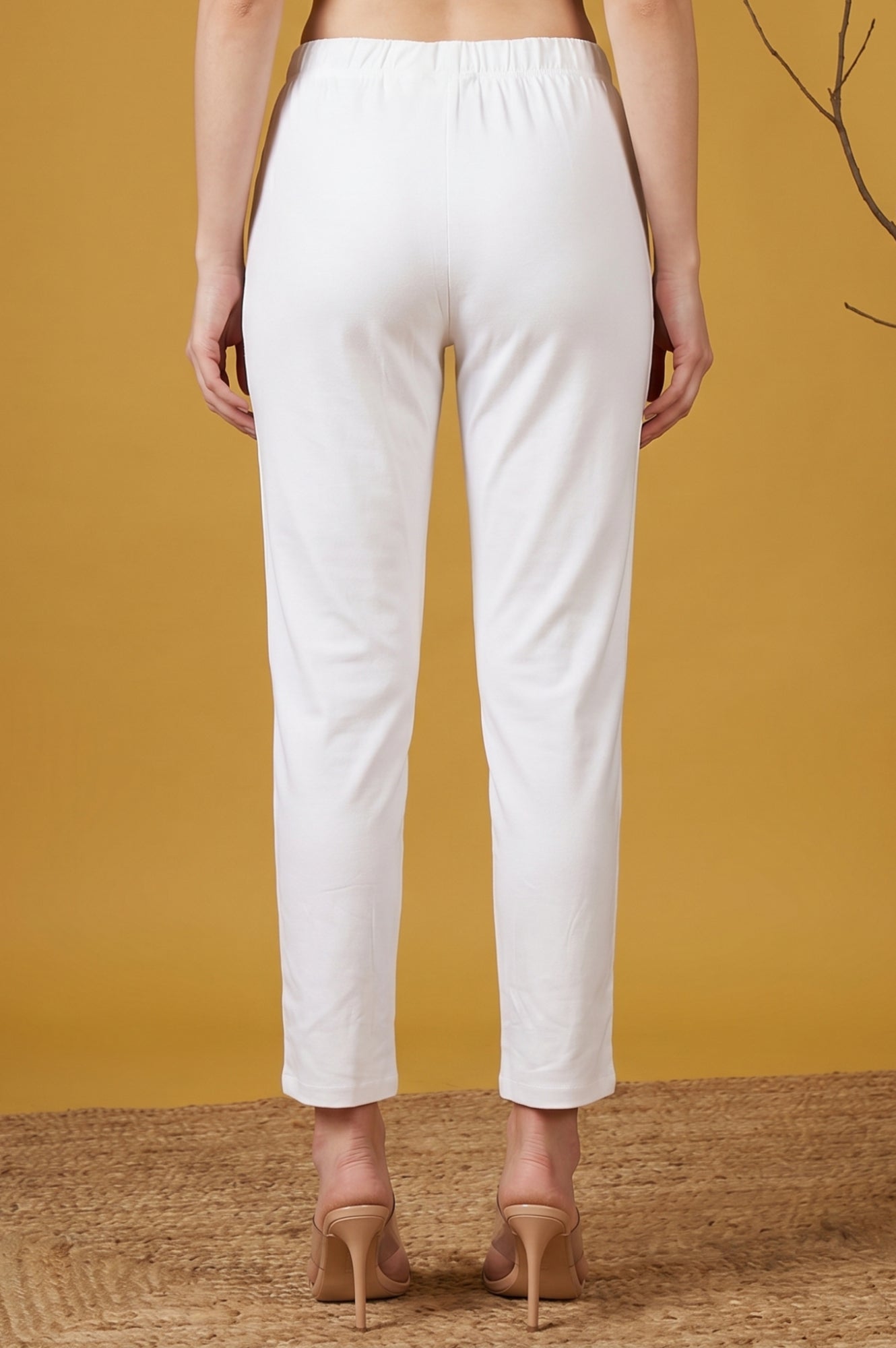 White Slim Fit Tapered Ankle Length Mid Rise Trousers