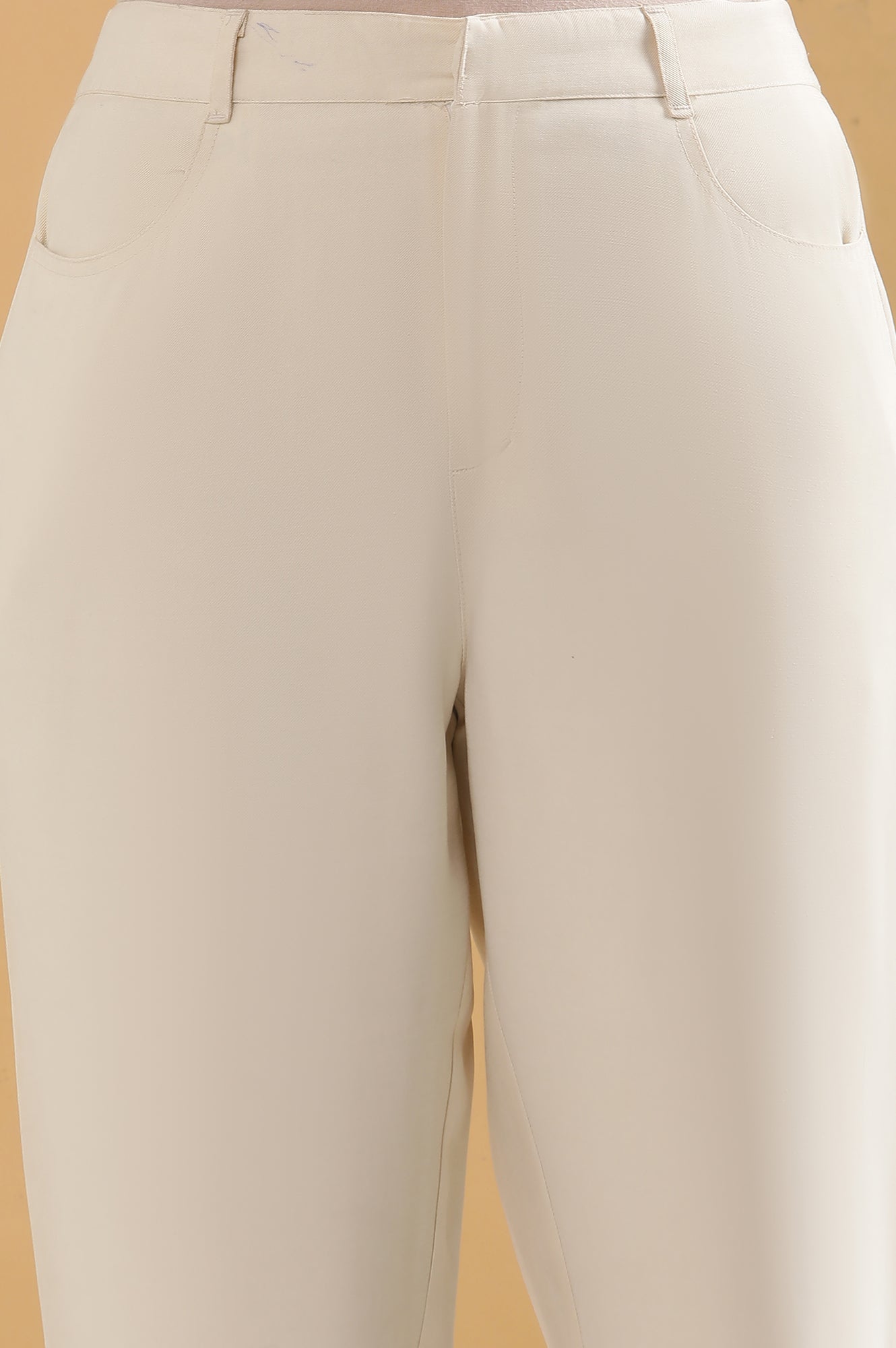 Cream Solid Tapered Rayon Trouser