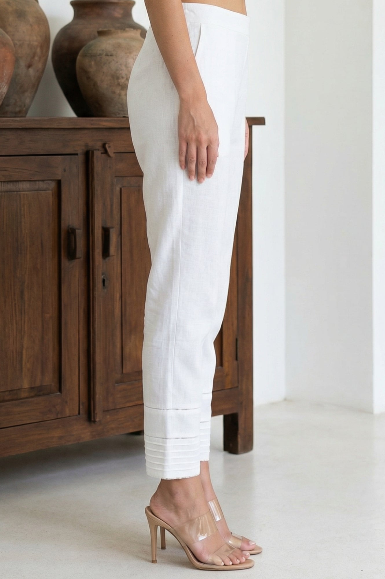 White Solid Lace Pintucks Cotton Blend Tapered Fit Ankle Length Trousers