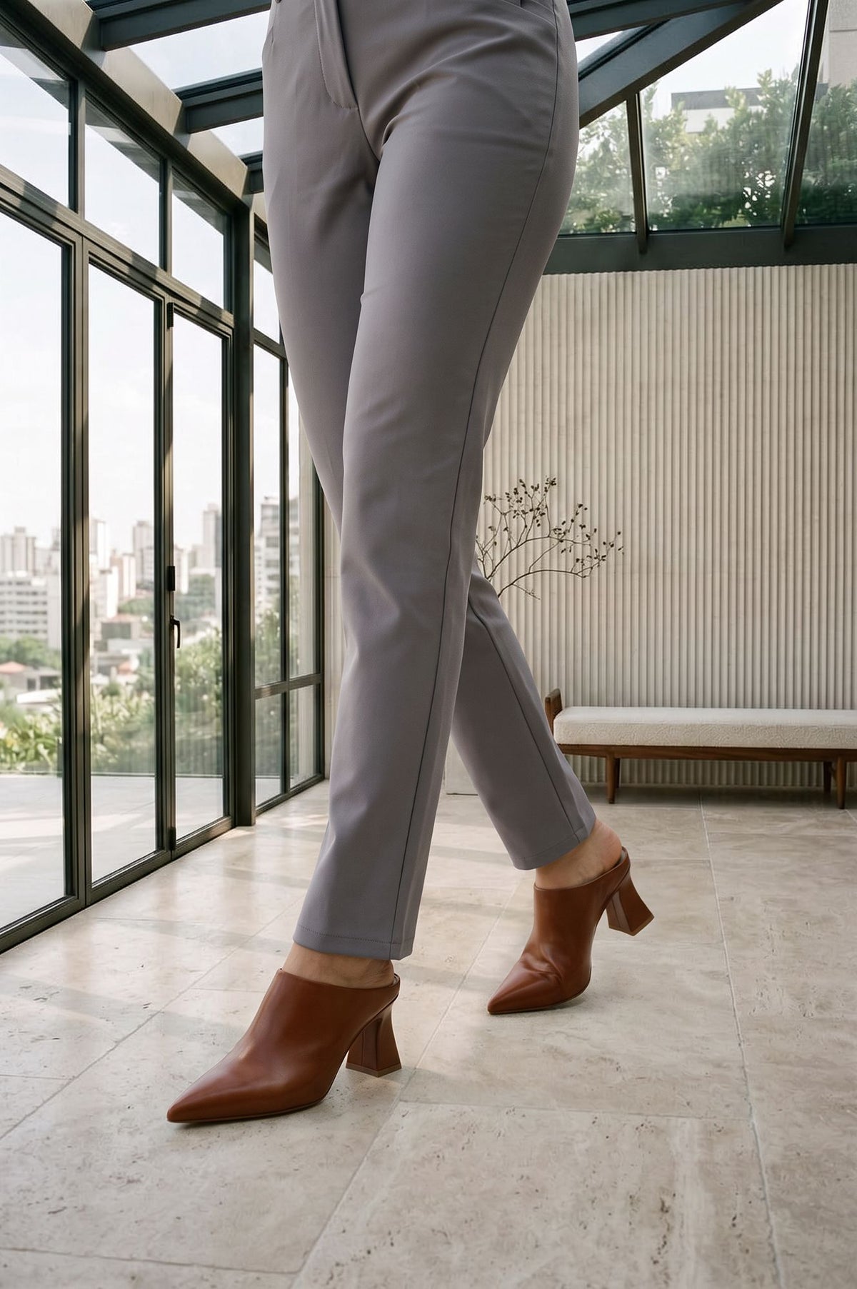 Grey Solid Buttons Rayon Slim Fit Ankle Length Mid Rise Pants