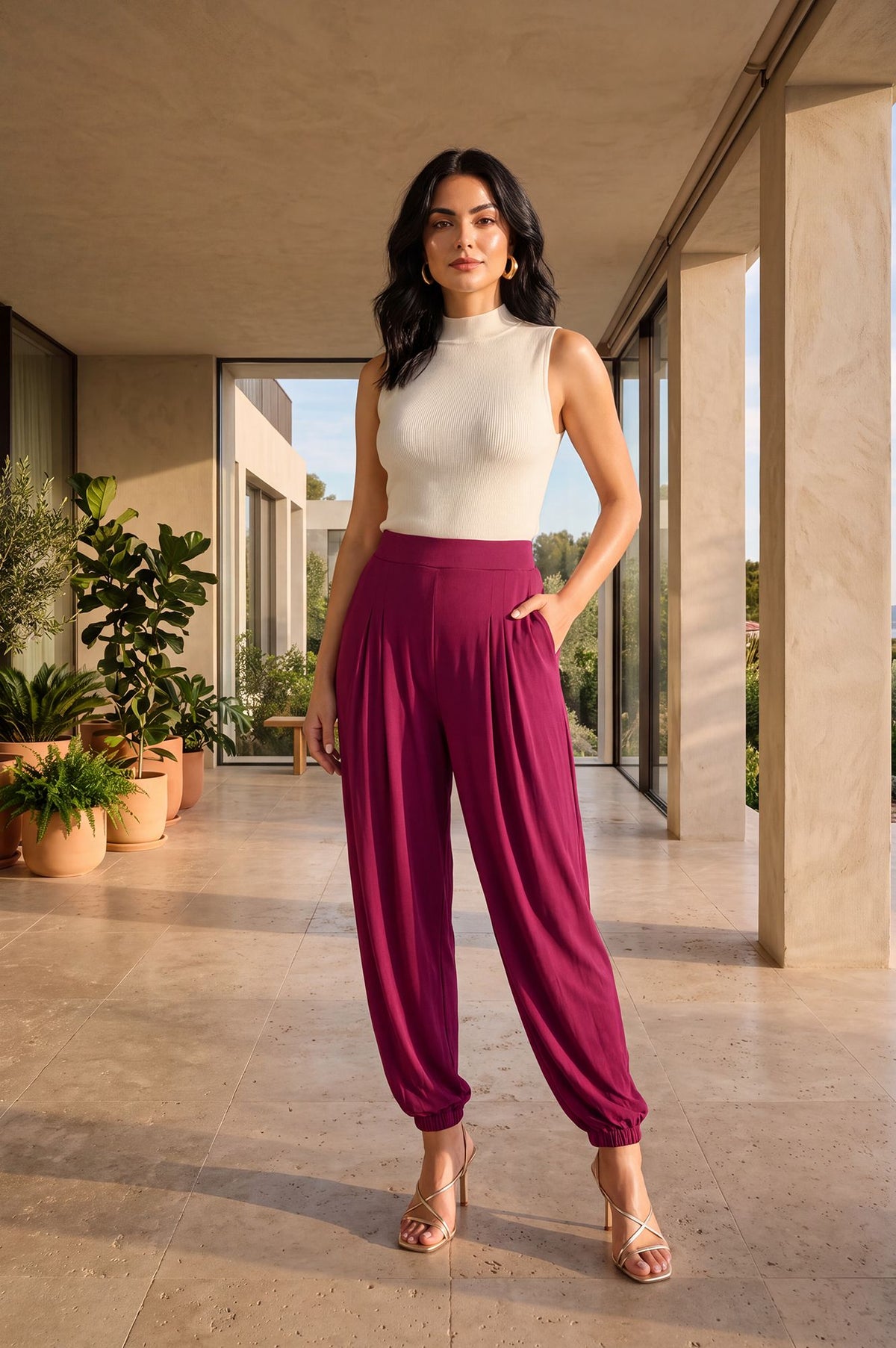 Magenta Solid Pocket Flap Jogger Ankle Length Mid Rise Harem Pants