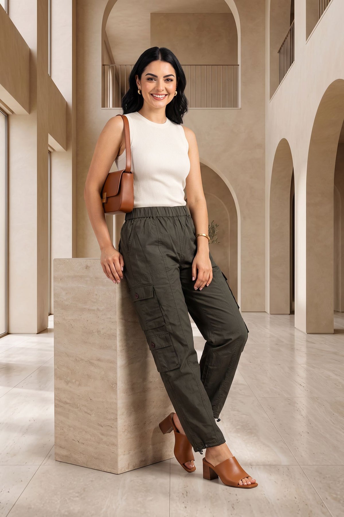 Olive Solid Pure Cotton Straight Fit Ankle Length Cargo