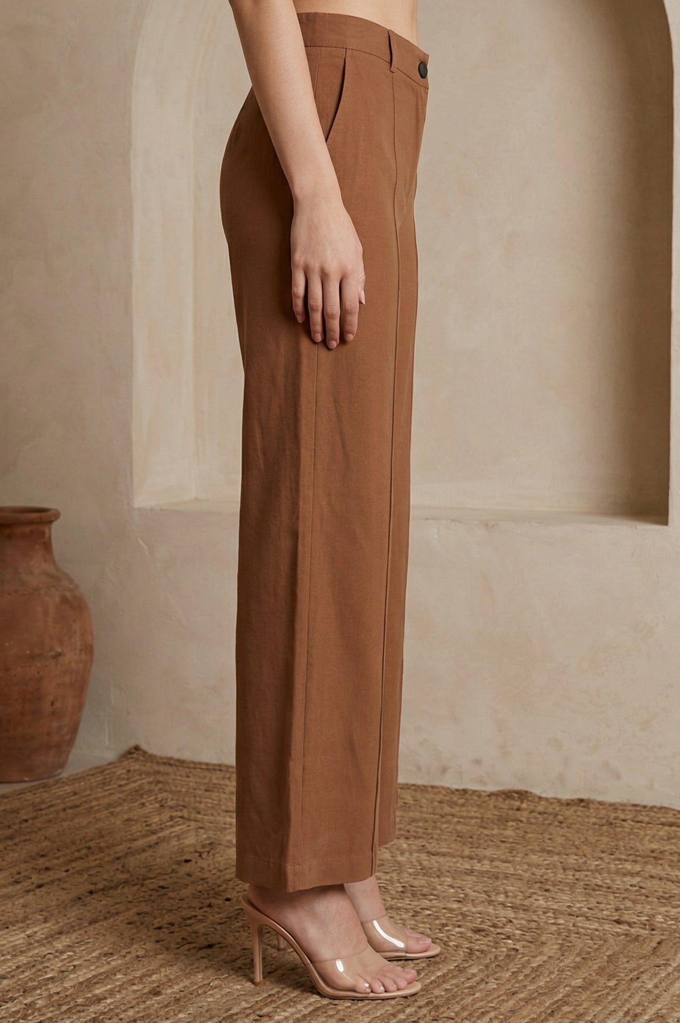 Brown Solid Rayon Straight Fit Ankle Length Pants