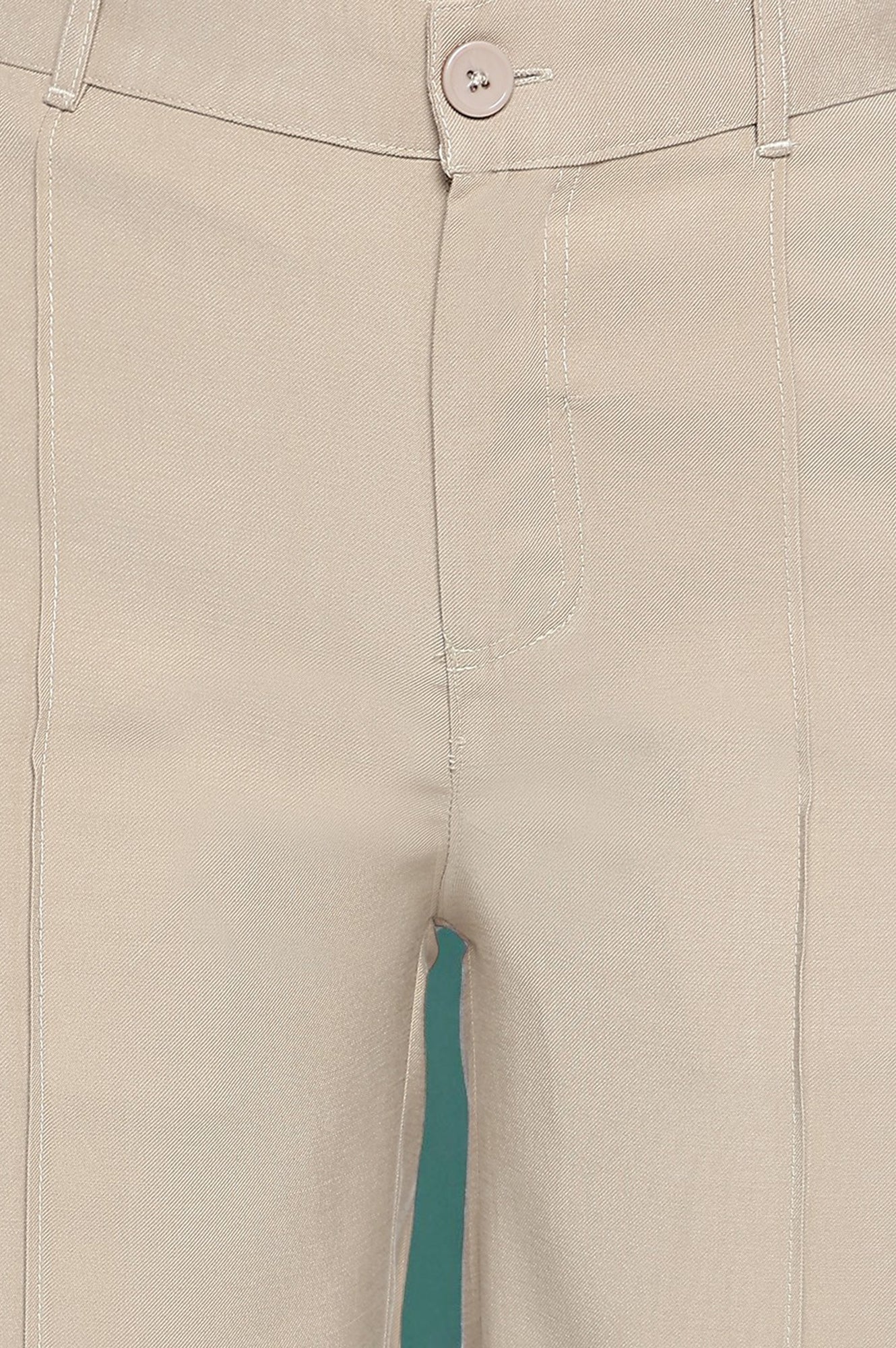 Beige Solid Korea Rayon Twill Pants In Ankle Length with YKK Zipper