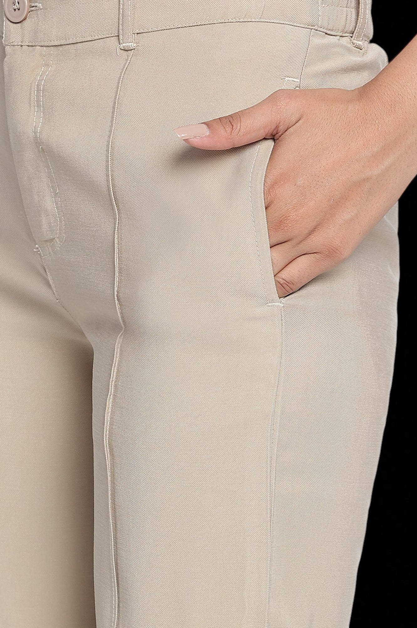 Beige Solid Korea Rayon Twill Pants In Ankle Length with YKK Zipper