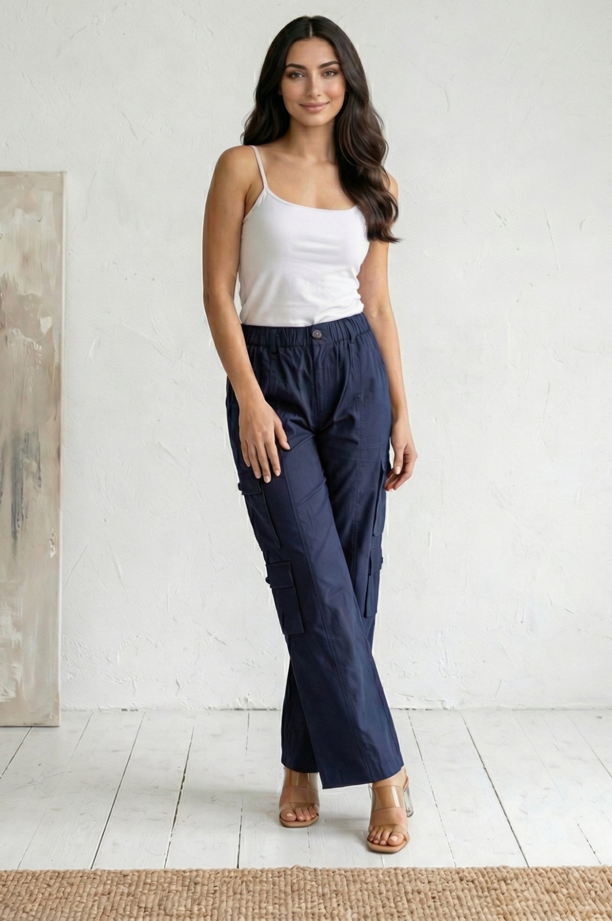 Navy Blue Solid Pure Cotton Ankle Length Cargo
