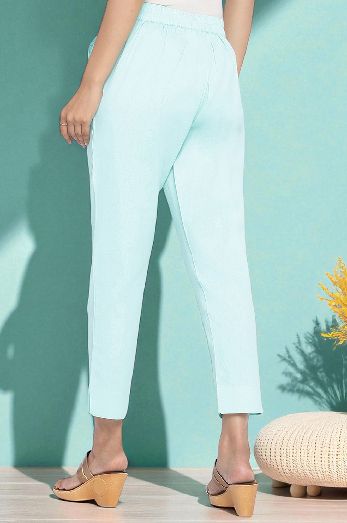 Blue Solid Cotton Flax Ankle Length Trousers