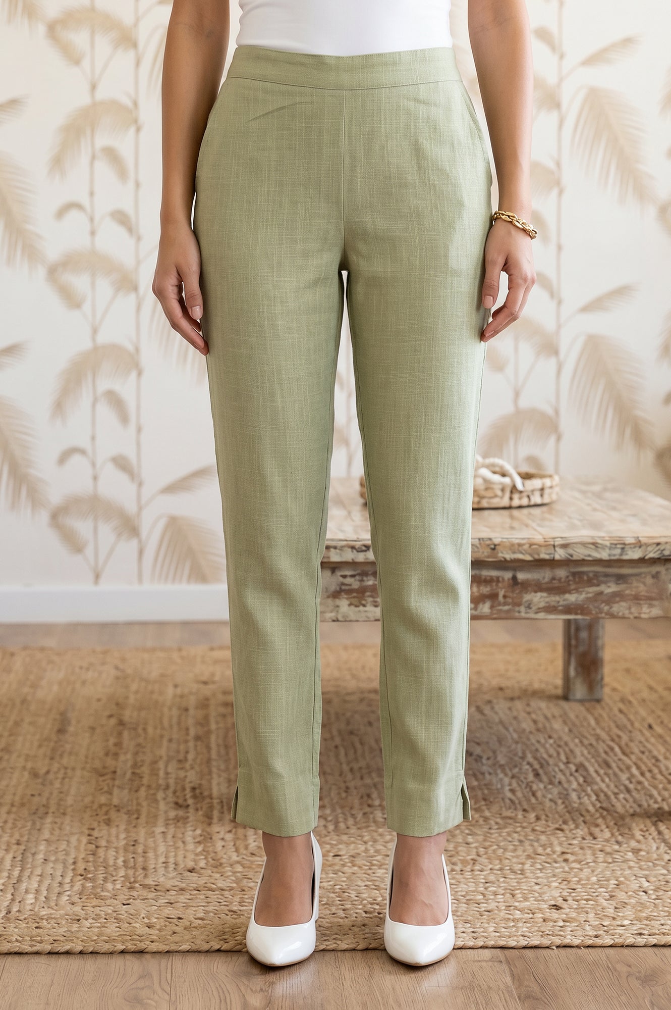 Olive Slim Fit Ankle Length Mid Rise Trousers
