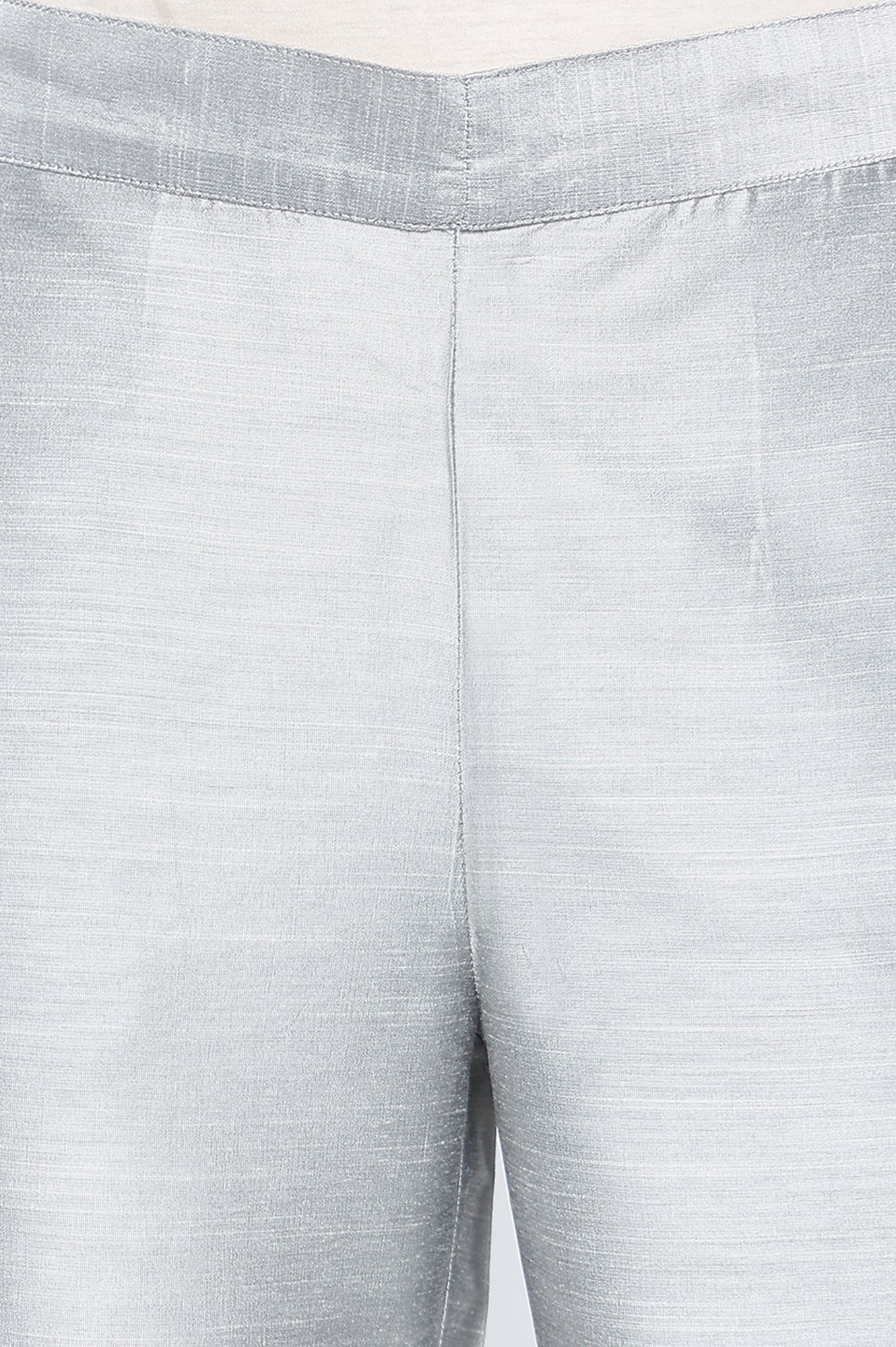 Grey Solid Mid Rise Slub Trousers in Ankle Length