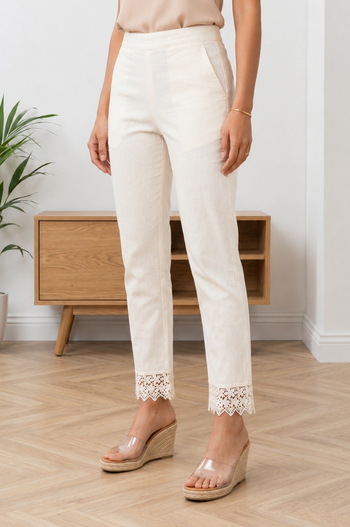 Off White Straight Fit Ankle Length Trousers With Lace
